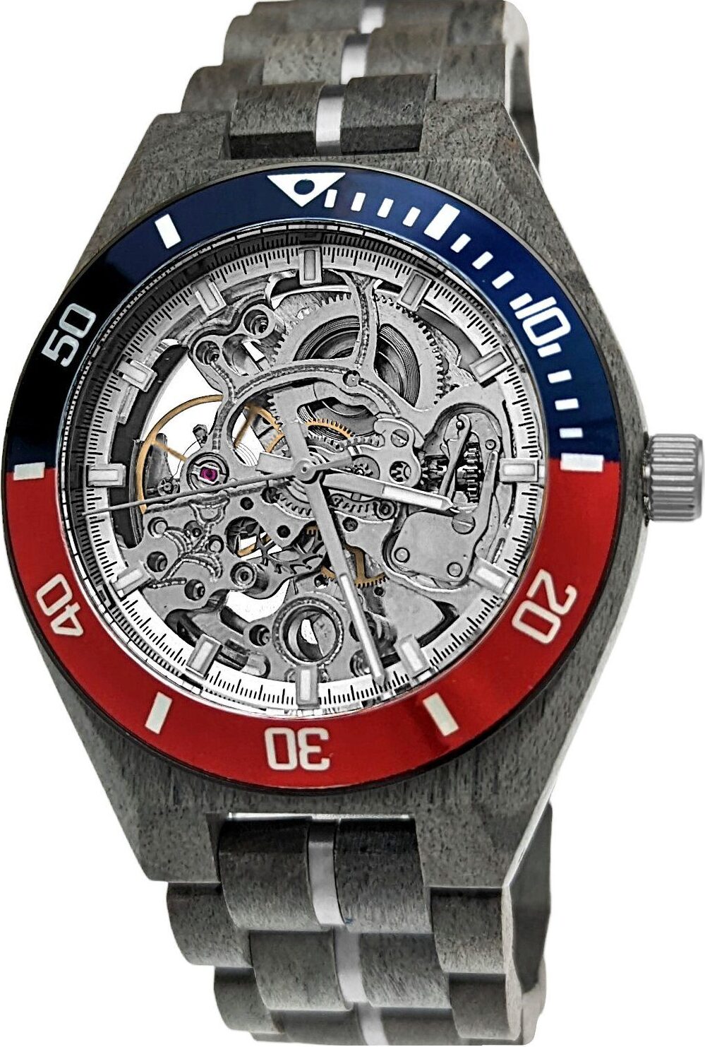 Holzwerk DEMMIN Herren Automatik Handaufzug Holz Uhr, grau, silber, rot & blau