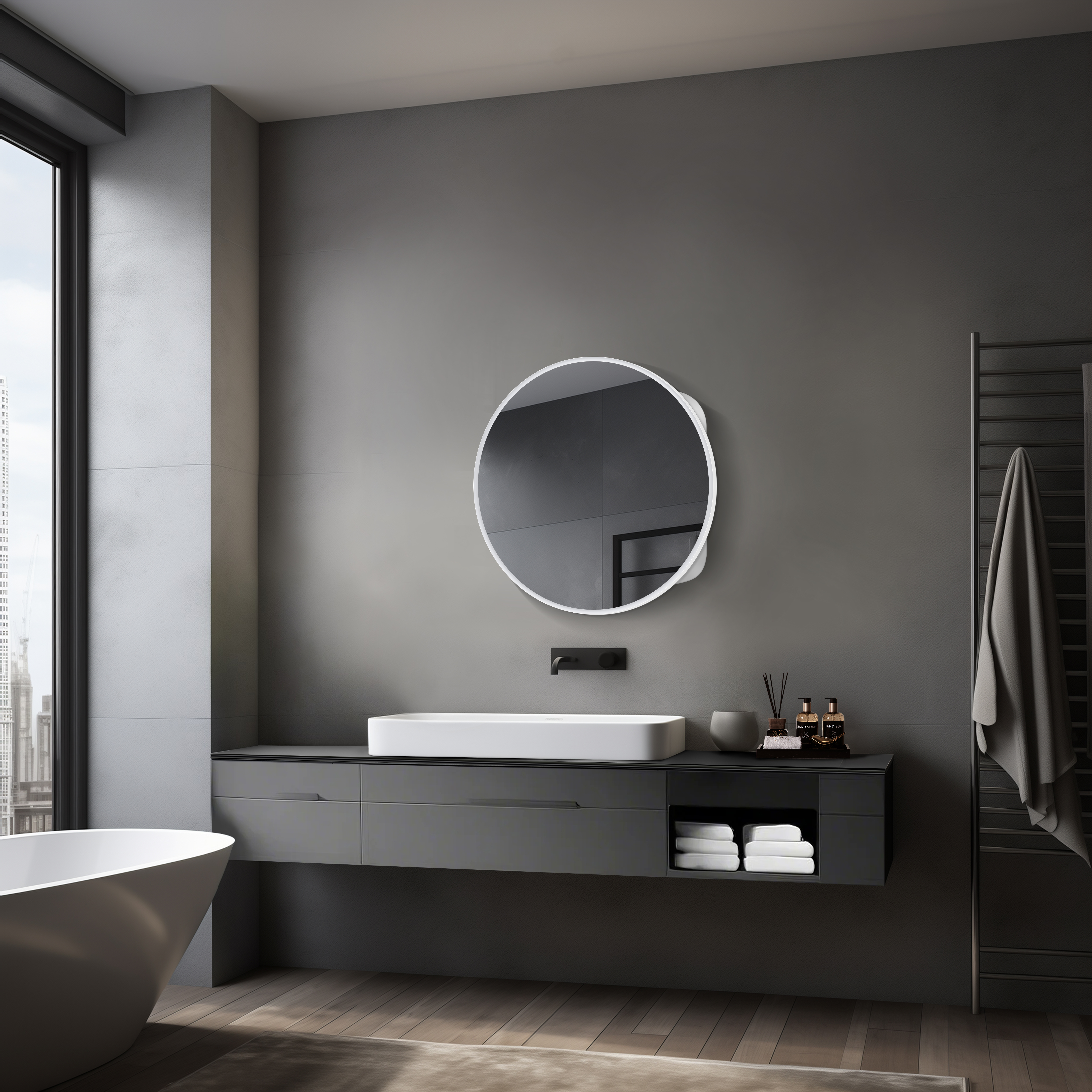 Spiegelschrank mit Beleuchtung Talos Mira Ø60 cm - Spiegelschrank Bad mit 2 Ablageflächen - Aluminium - Rückwand verspiegelt 50187