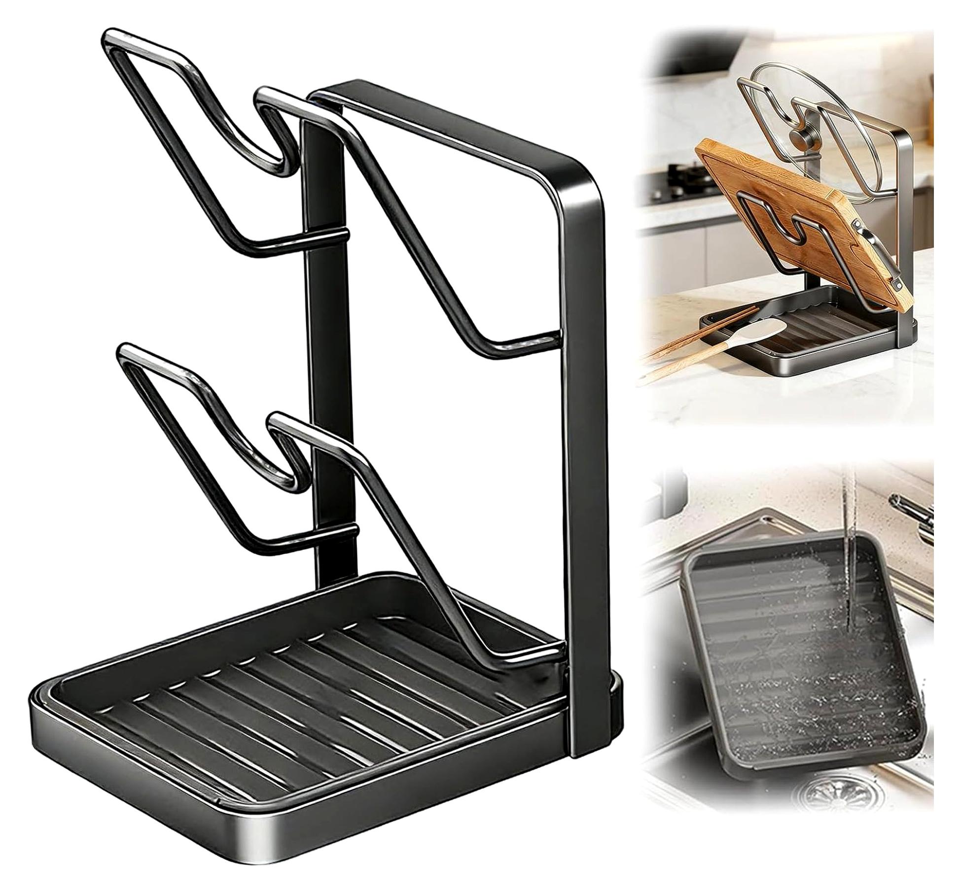 Markenlos Topfdeckelhalter, Topfdeckel Organizer Küchenregal, Topfdeckelhalter mit Löffelablage, 2-in-1aufbewahrungsregal für Küchen-Topfdeckel, Für 16-34cm Topfdeckel
