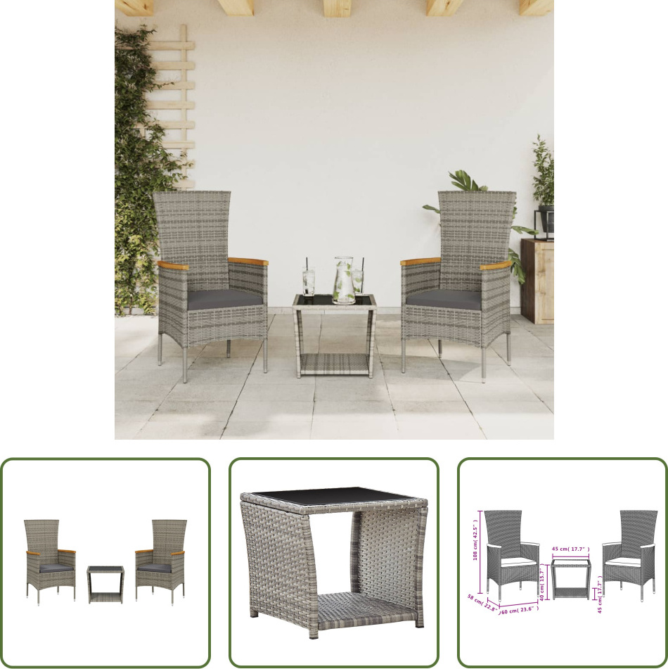 The Living Store 3-dielny záhradný jedálenský set s vankúšmi sivý polyratan