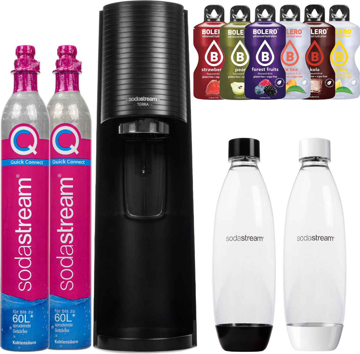 Výrobník perlivej vody SodaStream Terra Black + 2 fľaše, čierna/biela, 1 l + SodaStream QuickConnect CO2 kartuša + Bolero