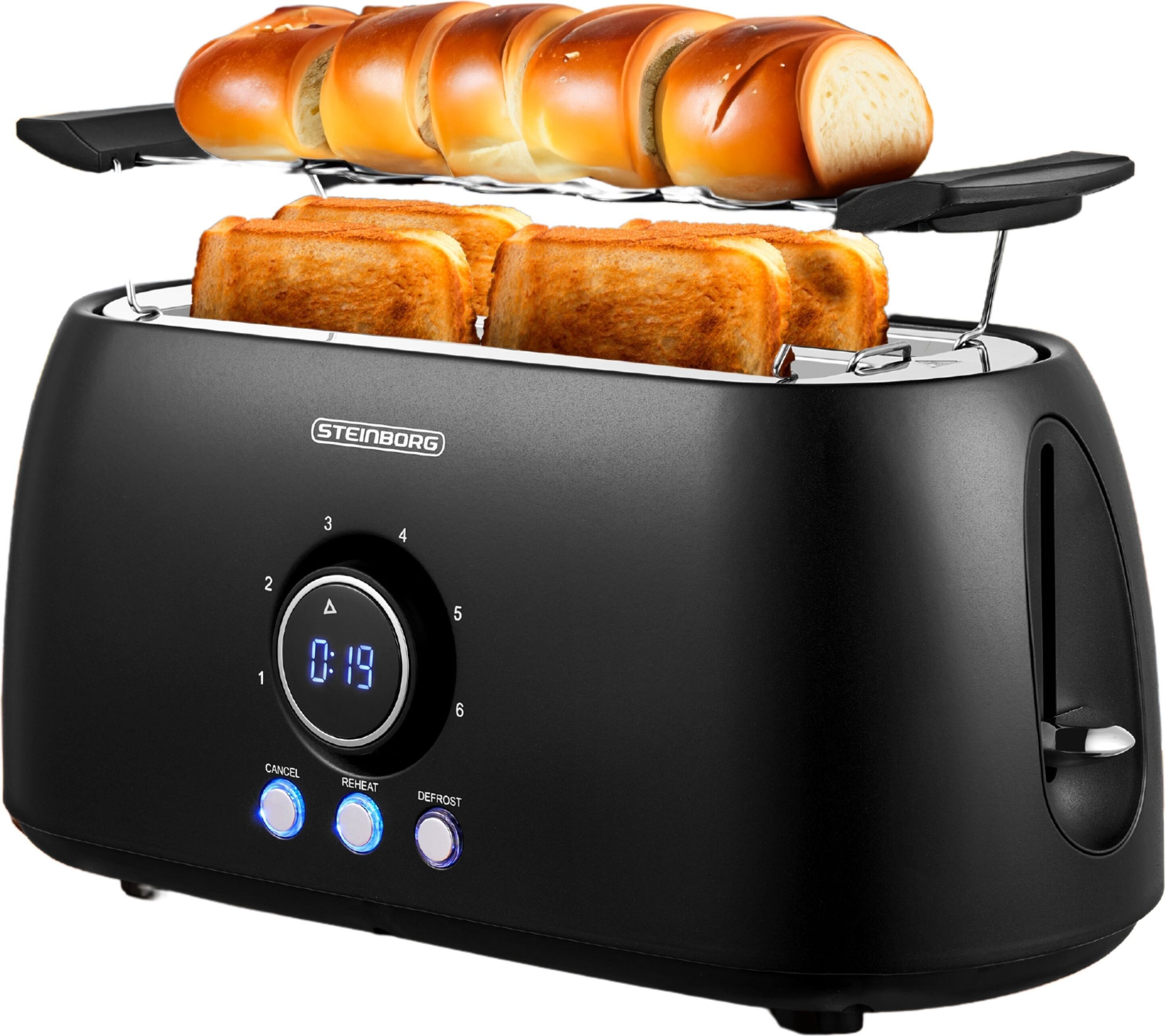 Steinborg XXL 4 Scheiben Toaster Schwarz Digitales Display Toaster Großer Toaster Edler Toaster Breiter Toaster Langer Toaster mit Brötchenaufsatz SB-2212