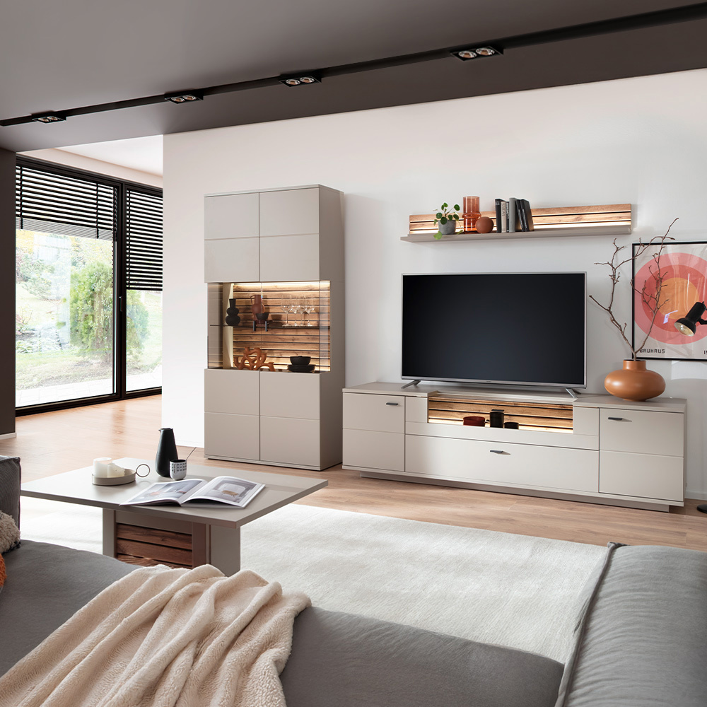 Lomadox Wohnzimmer-Set 4-teilig LIEZEN-05 in grau mit Eiche inkl. Beleuchtung LA05-LIEZEN-05-SET18
