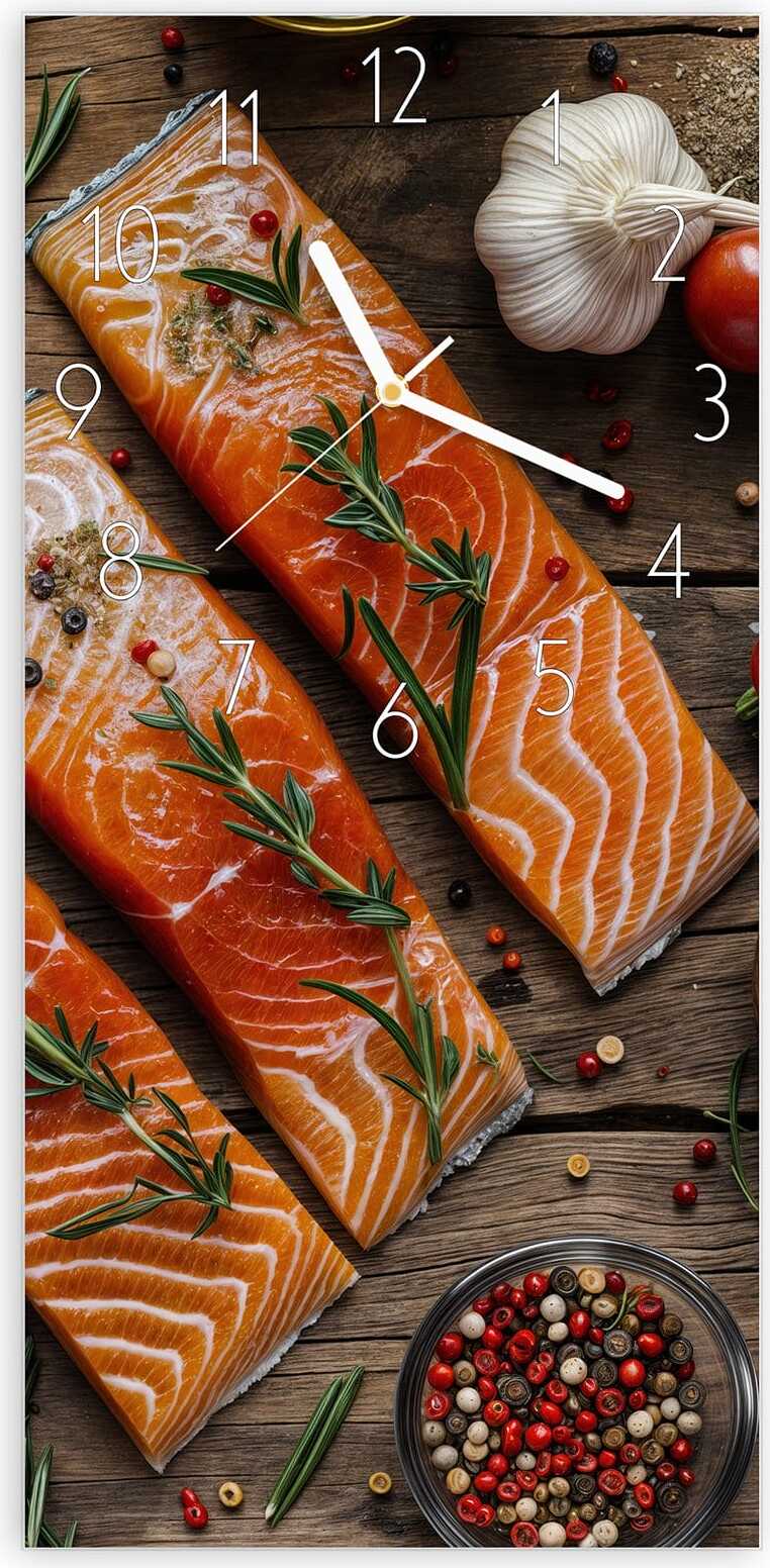 Primedeco Wanduhr aus Glas mit Motiv Lachsfilets- 30 x 60 cm - inkl. Aufhängesystem