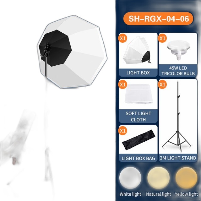 Prenosná sada oktagonálneho softboxu - 70W LED svetlo, zábleskový dáždnik a 2M statív, SH-RGX-04-06