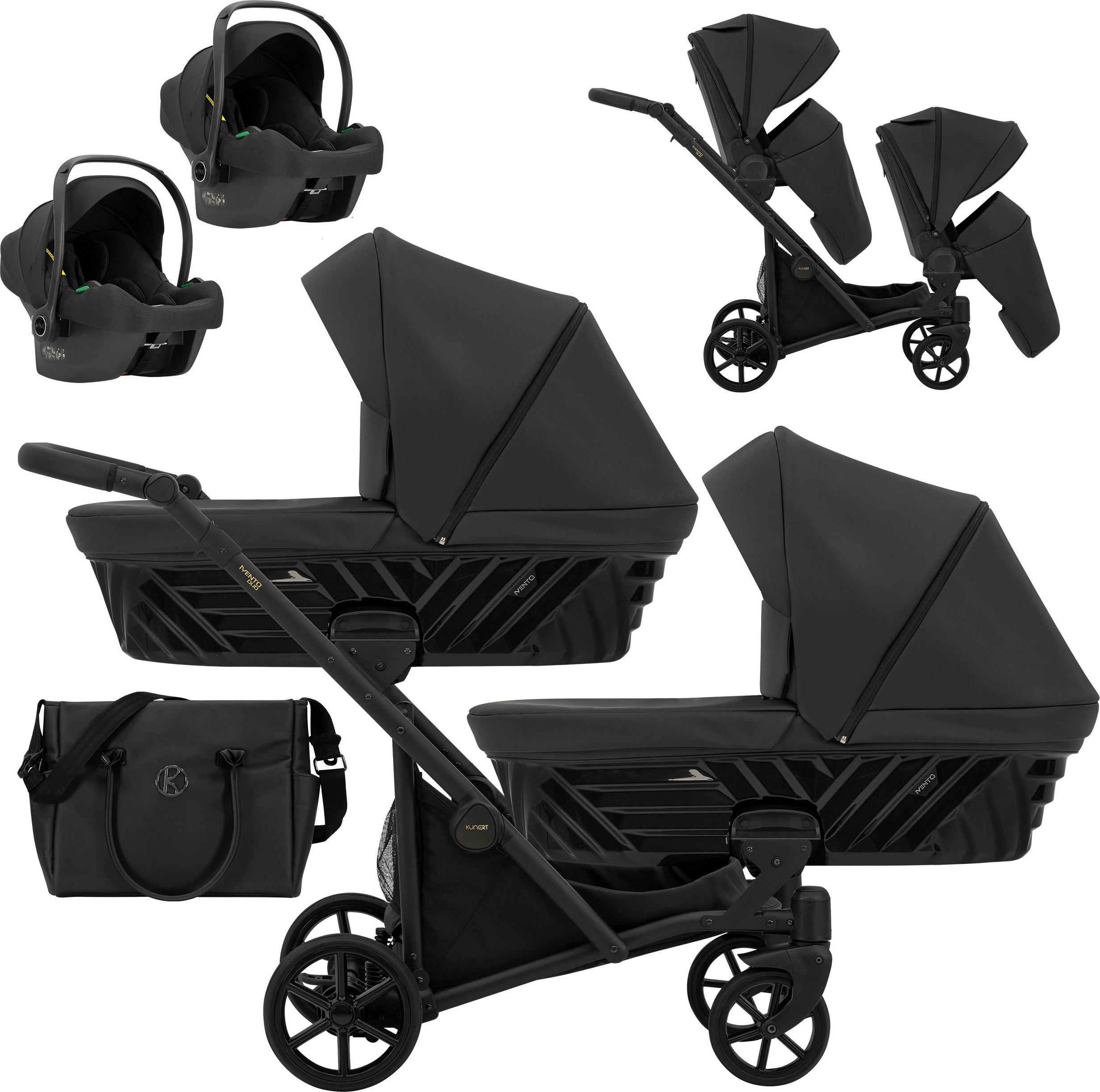 Kinderwagen IVENTO DUO 3 in 1 Komplettset Zwillingskinderwagen Geschwisterwagen Zwillingsbuggy Doppelkinderwagen (Black Pearl, Rahmenfarbe: schwarz)