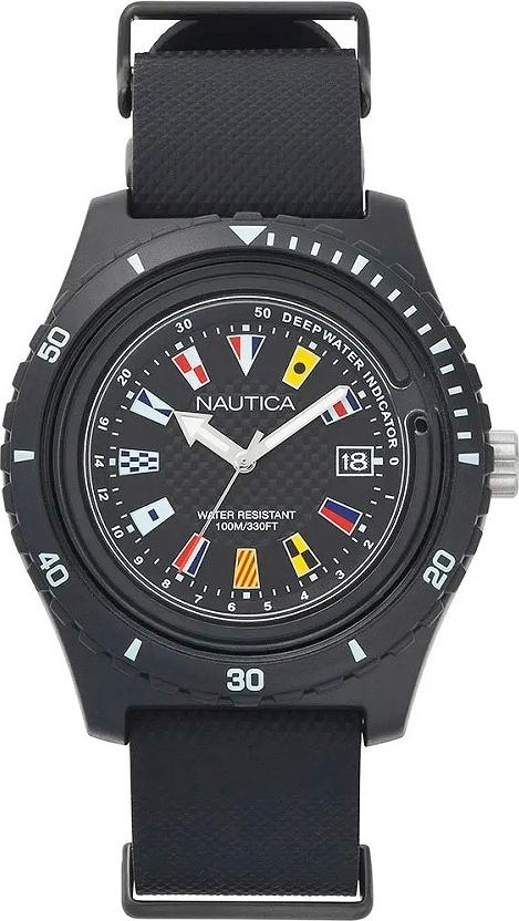 Nautica Armbanduhr Blk Resin Case, Blk Dial with flags, Depth Indicator Reflector Ring, Date Movement, Blk Nato Silicon NAPSRF001