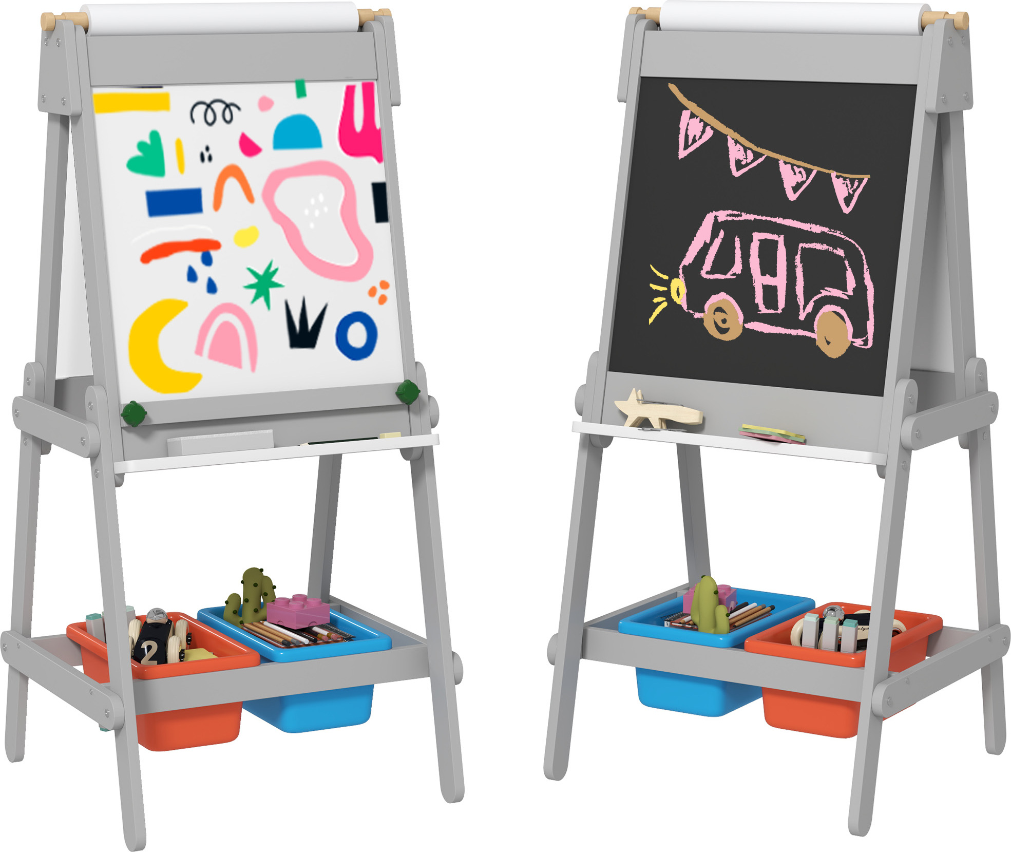 Tableau Enfant 3 En 1 Chevalet Enfants à Double Face, Tableau Noir Et Blanc Avec Rouleau De Papier 54 X 46 X 94 Cm Rose 207912213