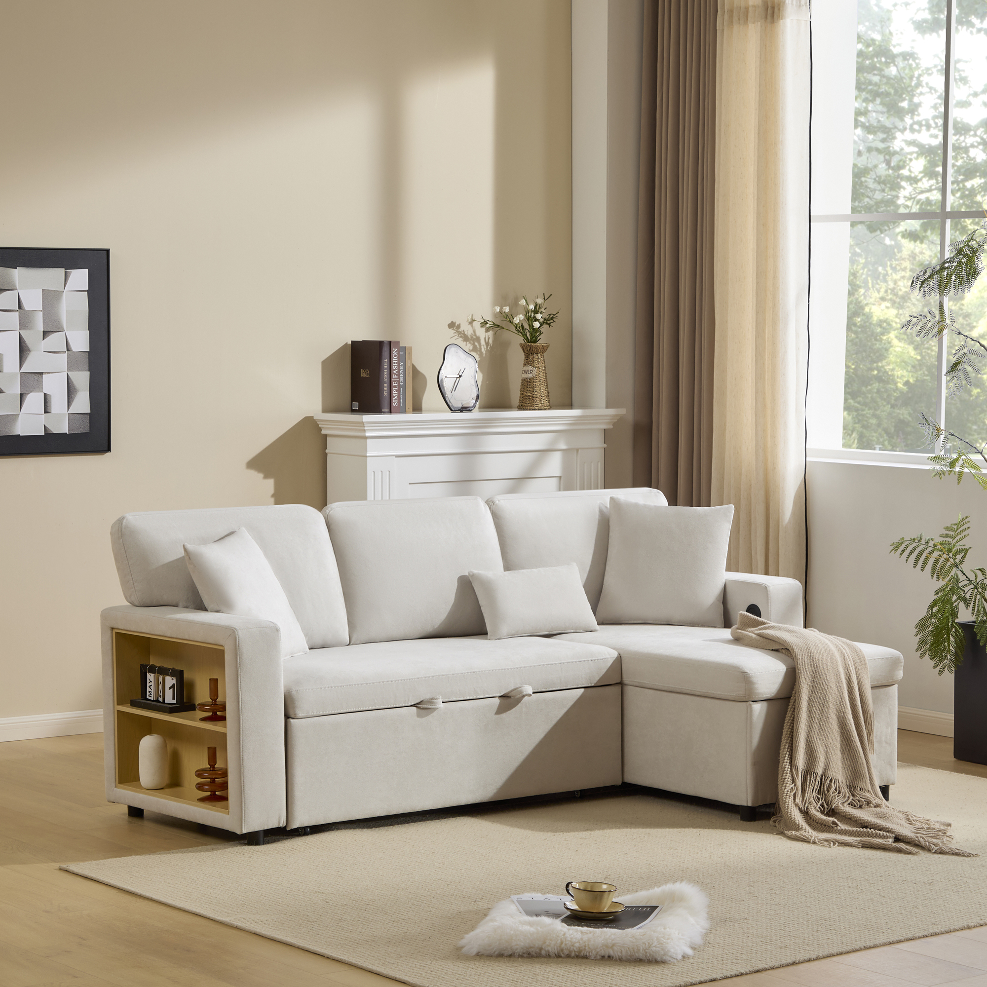 STILVORA Schlafsofa ,L-Form Sofa Loungesofa mit Bettfunktionmit Bettkasten und integriertem Regal,Relaxsofa mit Speicherfunktion,Weiß