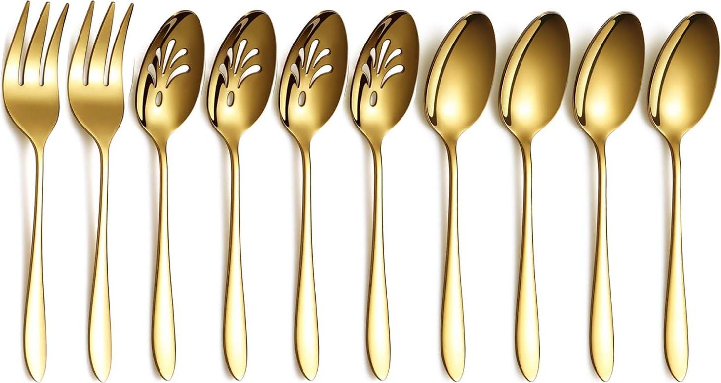Markenlos Gold 10-teiliges Servierset Besteckset, Servierschale aus rostfreiem Stahl, mit Schlitzservierlöffel, Servierlöffel, Serviergabel