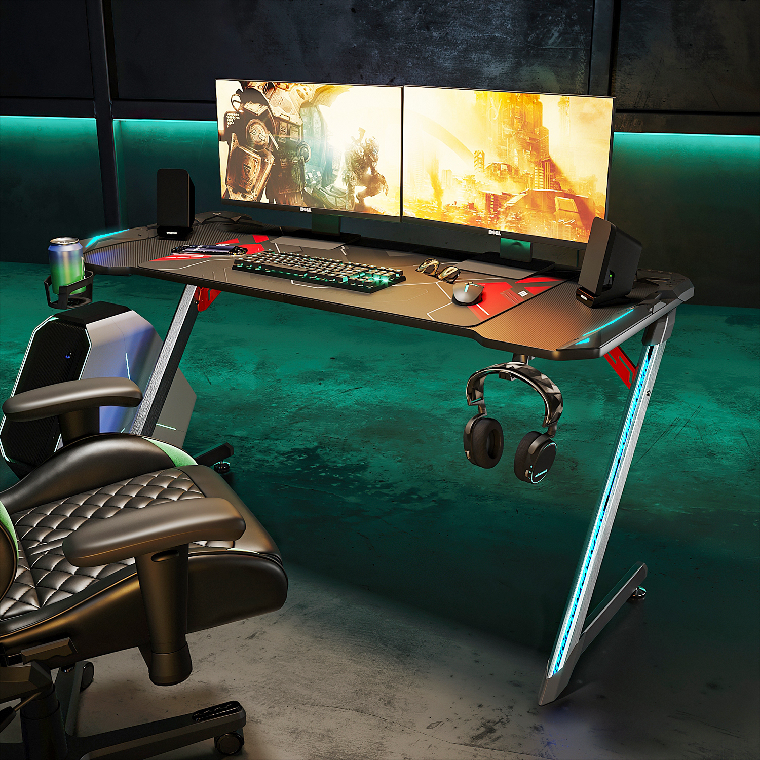 SONNI Gamingtisch 140x60x75cm Groß Gaming Schreibtisch mit LED Gaming Desk mit Getränkehalter und Kopfhörerhalter Schwarz