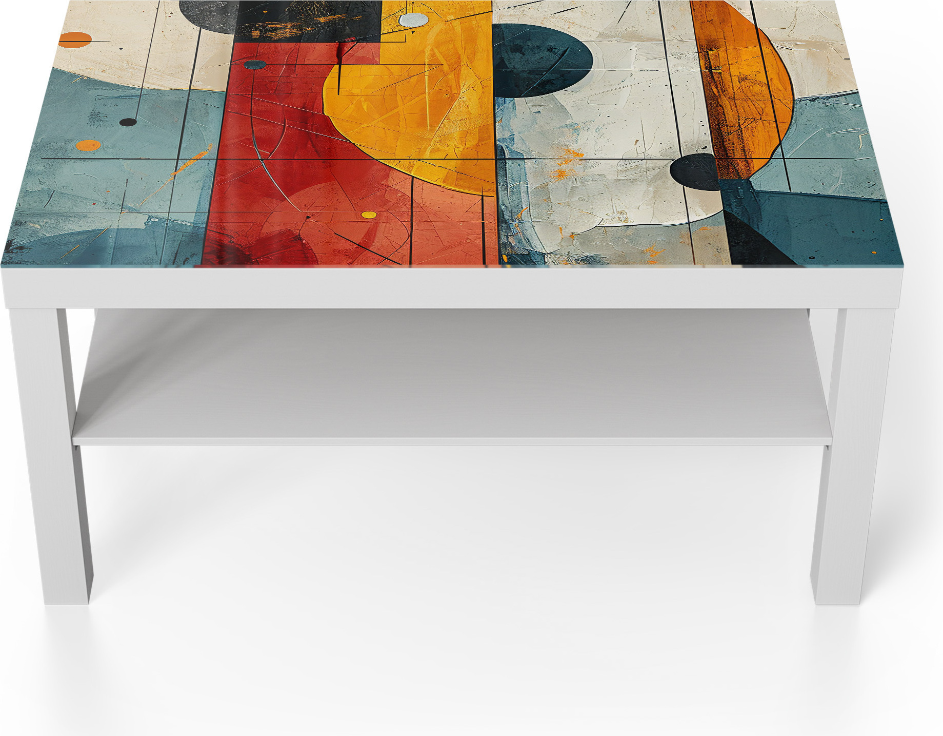 DEQORI Couchtisch 90x55 cm Weiß 'Geometrischer Farbzauber' Glas Beistelltisch Glastisch modern TL-90-55-W-4479