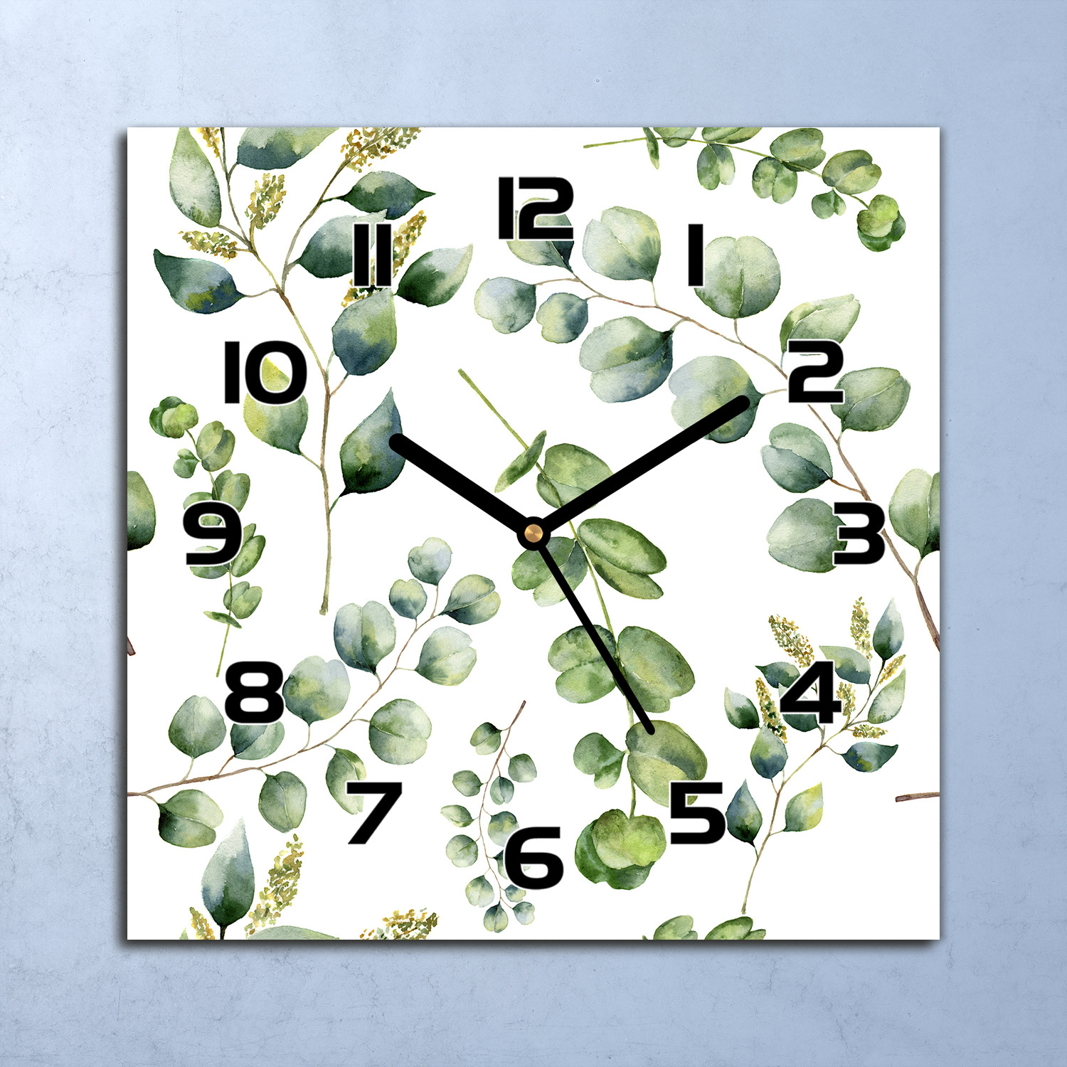 coloray Wanduhr Echt-Glas-Küchenuhr Eukalyptus Blüten Quarz Lautlos 30x30 Deko Bilder zsk-black-30x30-bloomsy-61