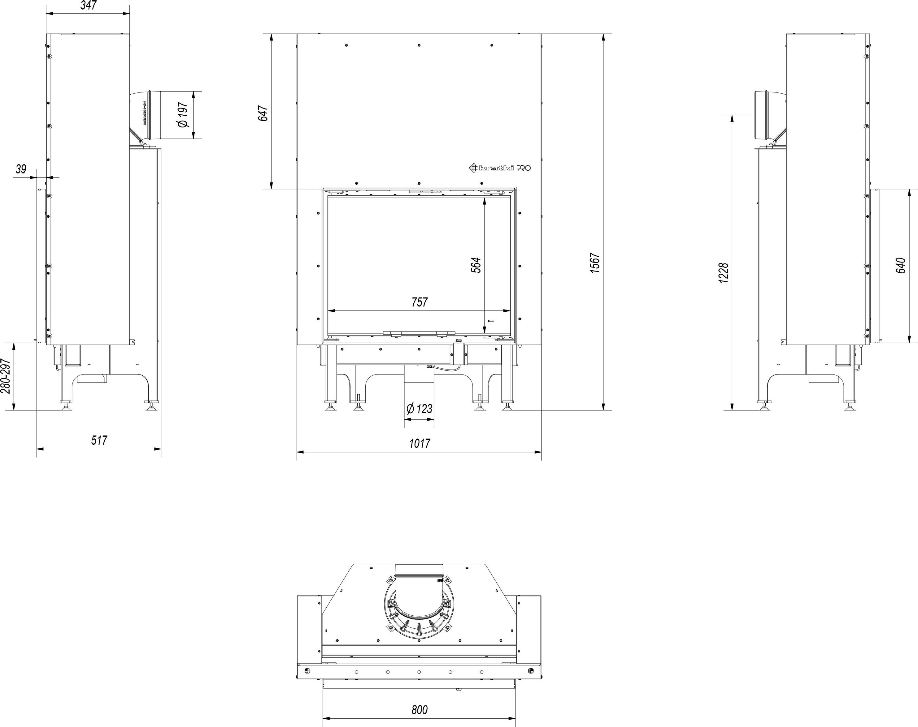Oceľový krb KRATKI NADIA 13 kW Ø 200 Zdvíhací čierny termotec