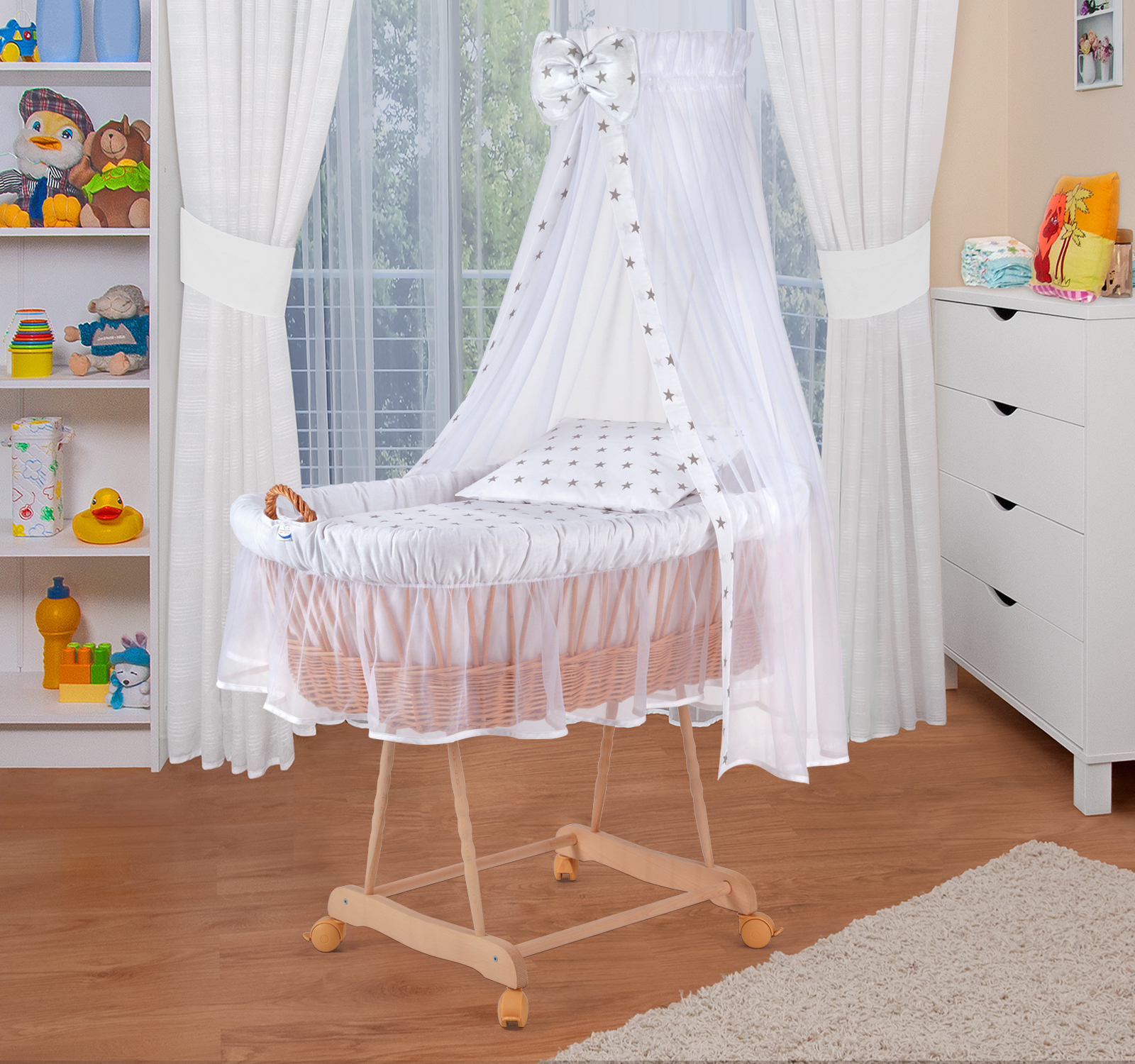 Waldin Baby Stubenwagen-Set mit Ausstattung,XXL,Gestell natur,weiß/Sterne grau 1203-8s18h