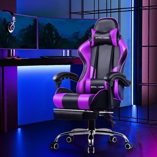 GTPLAYER Herné kreslo s opierkou na nohy a masážnym bedrovým vankúšom Kancelárske kreslo pre hráčov Ergonomické hráčske kreslo s pripojiteľnými podrúčkami s nosnosťou do 150 kg Fialová