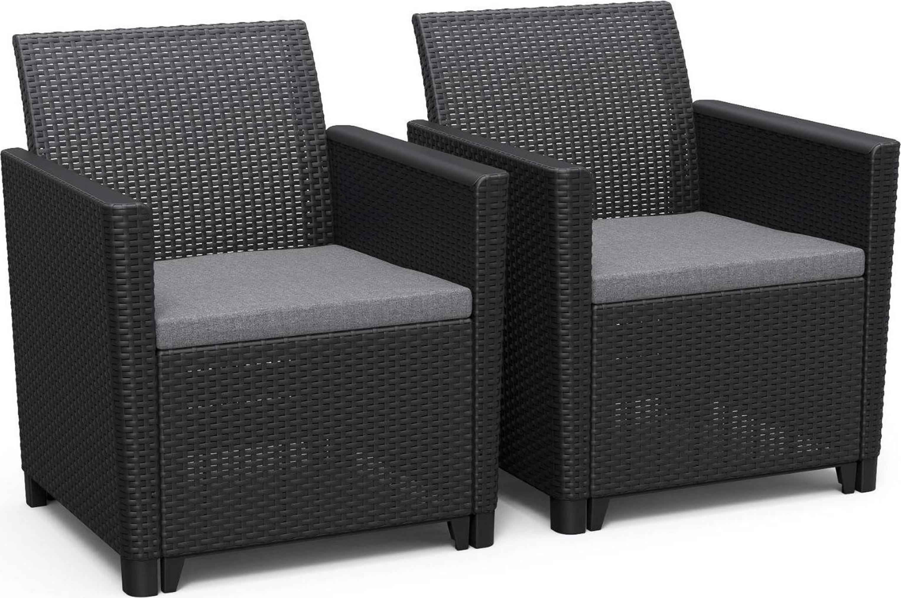 Dve pohodlné kreslá grafitovej farby so sivými podrúčkami, ktoré možno umiestniť buď samostatne, alebo v kombinácii s ďalšími výrobkami z radu Claire.