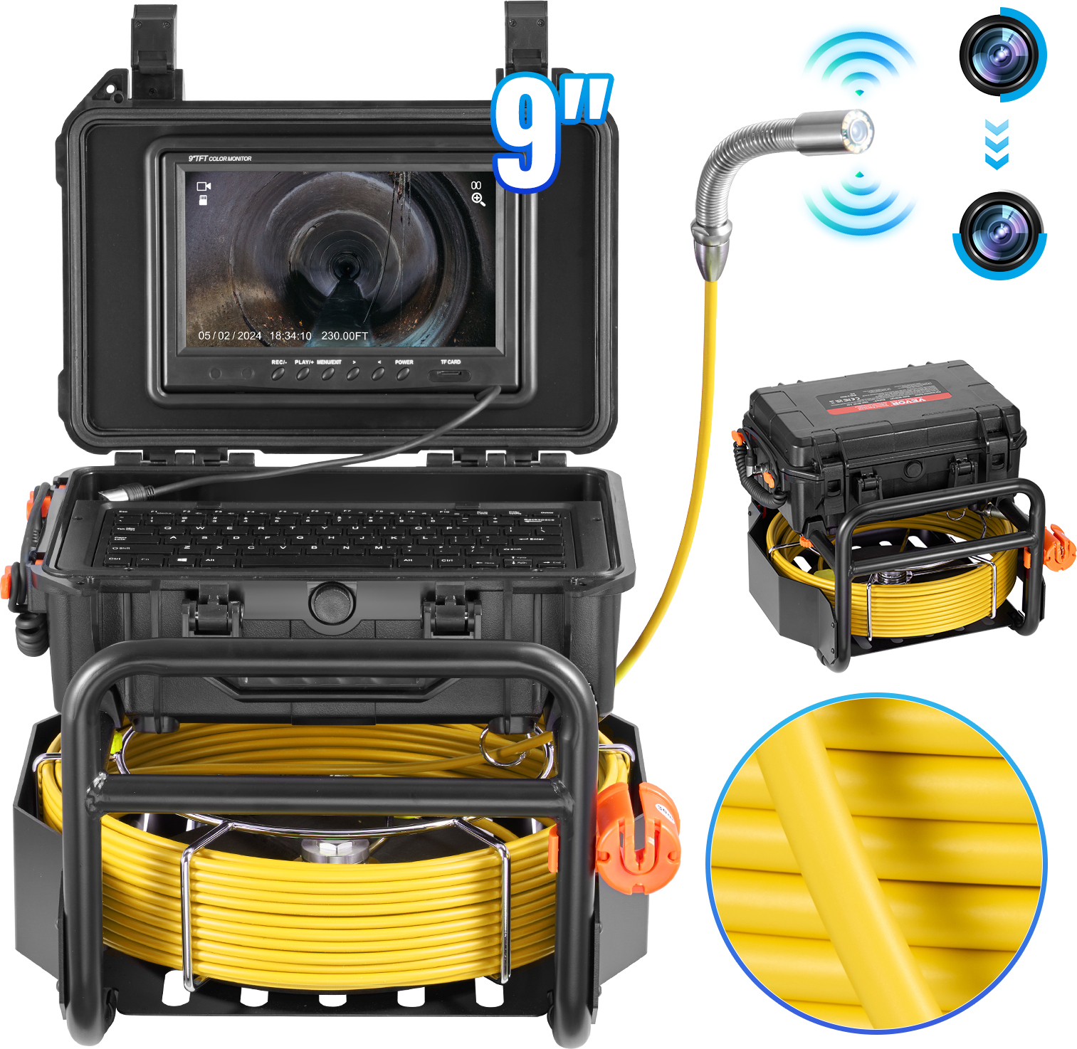 Kanalizačná kamera VEVOR 70 m, samonivelačná kamera na kontrolu potrubia s 512 Hz vysielačom, počítadlom vzdialenosti, 9-palcovou obrazovkou, 1080P HD potrubná kamera