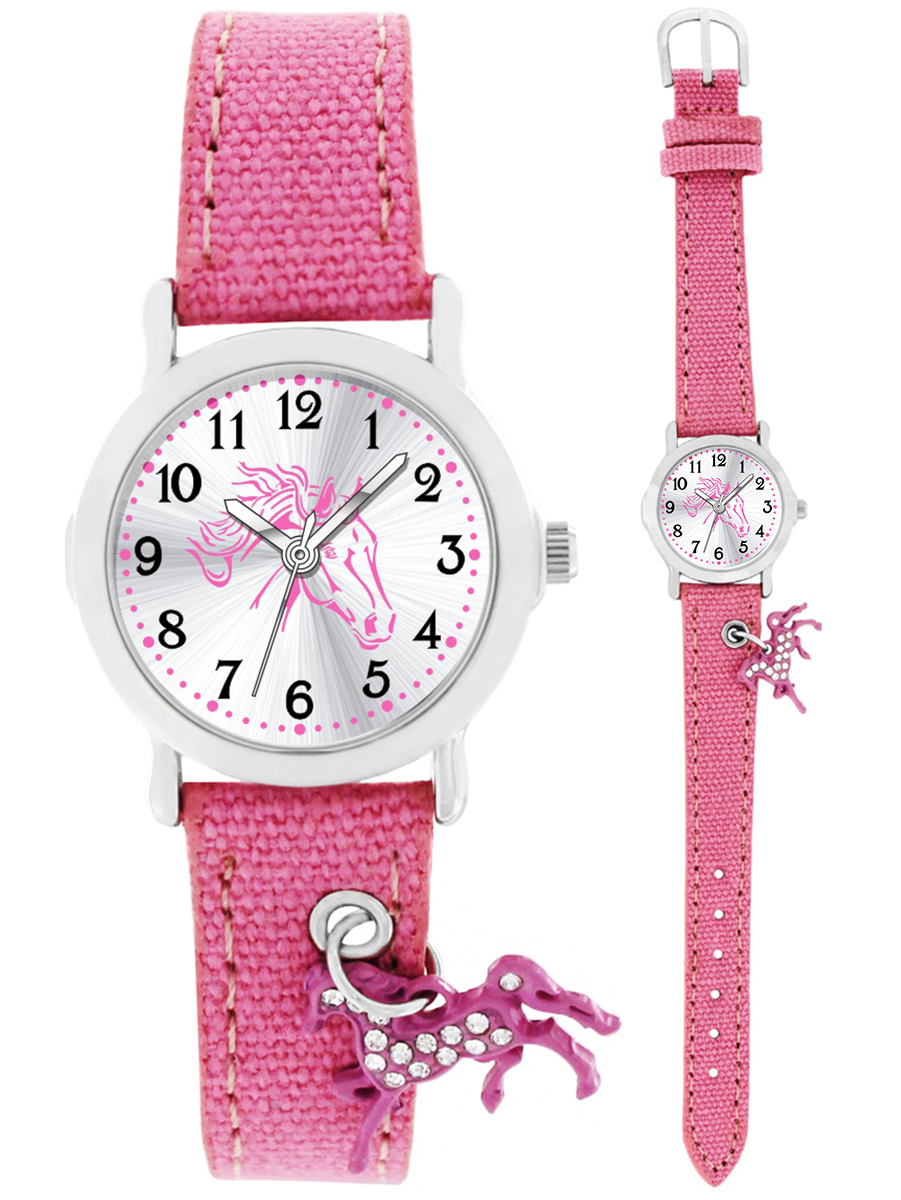 crystal blue Kinder Armbanduhr Mädchen mit Pferde Charm wasserdicht rosa Textil 20015