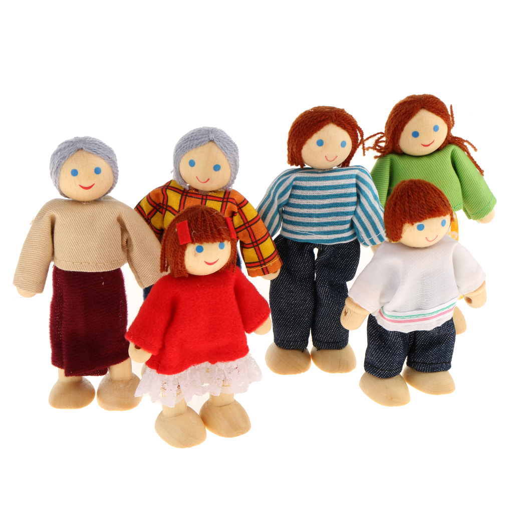 7 Personen Familie Holz Puppen Puppenfamilie Biegepuppen Puppenhaus Figuren Set 