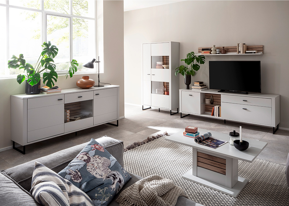 Lomadox Wohnmöbel Set weiß mit Eiche-Lamellen LAUREANA-05 5-teilig LA05-LAUREANA-05-SET15