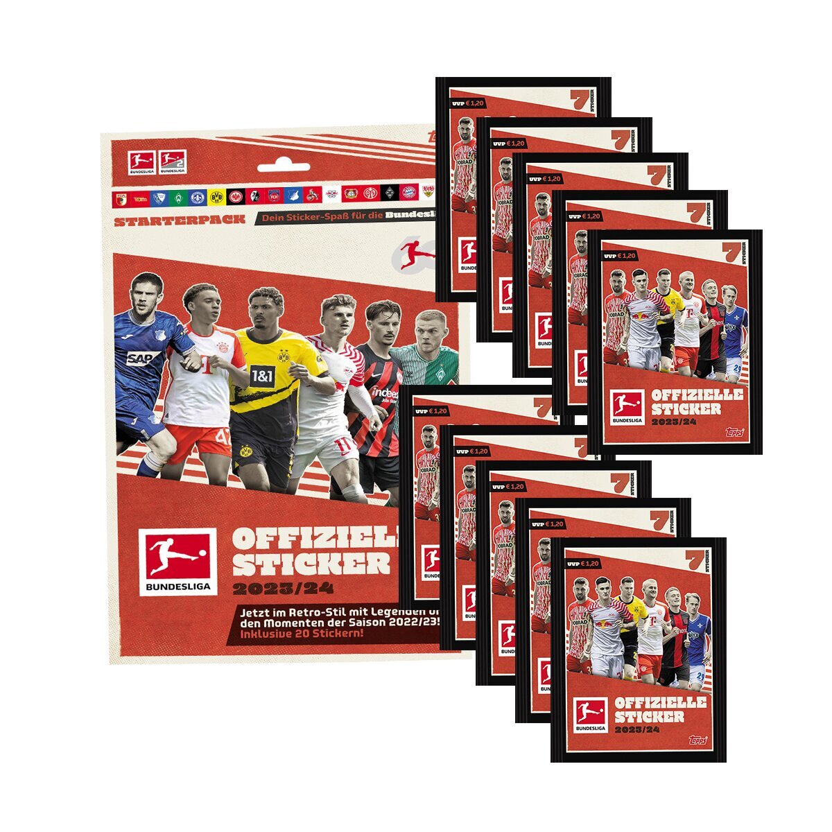 Bundesliga Sammelalbum 2022/23 Bundle - Mit 20 Stickern + 10 Tüten + 40 Hüllen + Nationalspieler-Karte