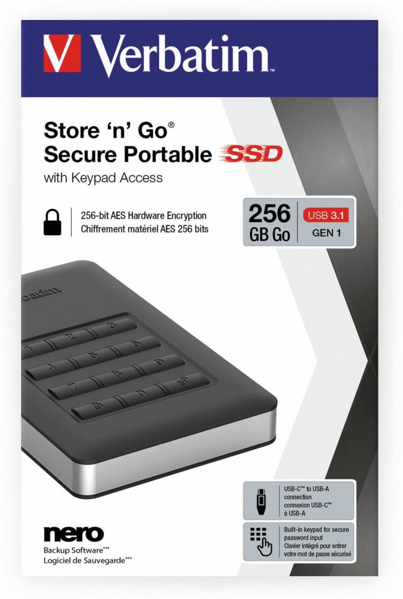 Verbatim Tragbares Store 'n' Go-SSD mit Tastenfeldzugriff 256 GB, 256 GB, USB Typ-C, 3.2 Gen 1 (3.1 Gen 1), Passwortschutz, Schwarz, Silber 53402