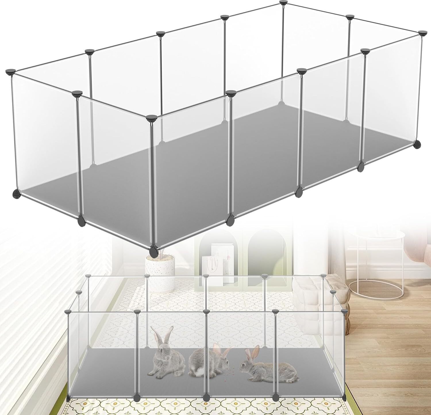 Sessamen-LP Freigehege Gittergehege Kaninchen mit Kissen Gehege Meerschweinchen K?fig Kleintierk?fig Welpengehege Hasengehege, Transparent (143L x 73B x 46Hcm)