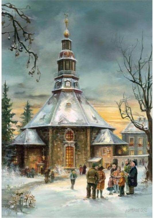 Adventný kalendár s kostolom v Seiffen a motívmi z Krušných hôr