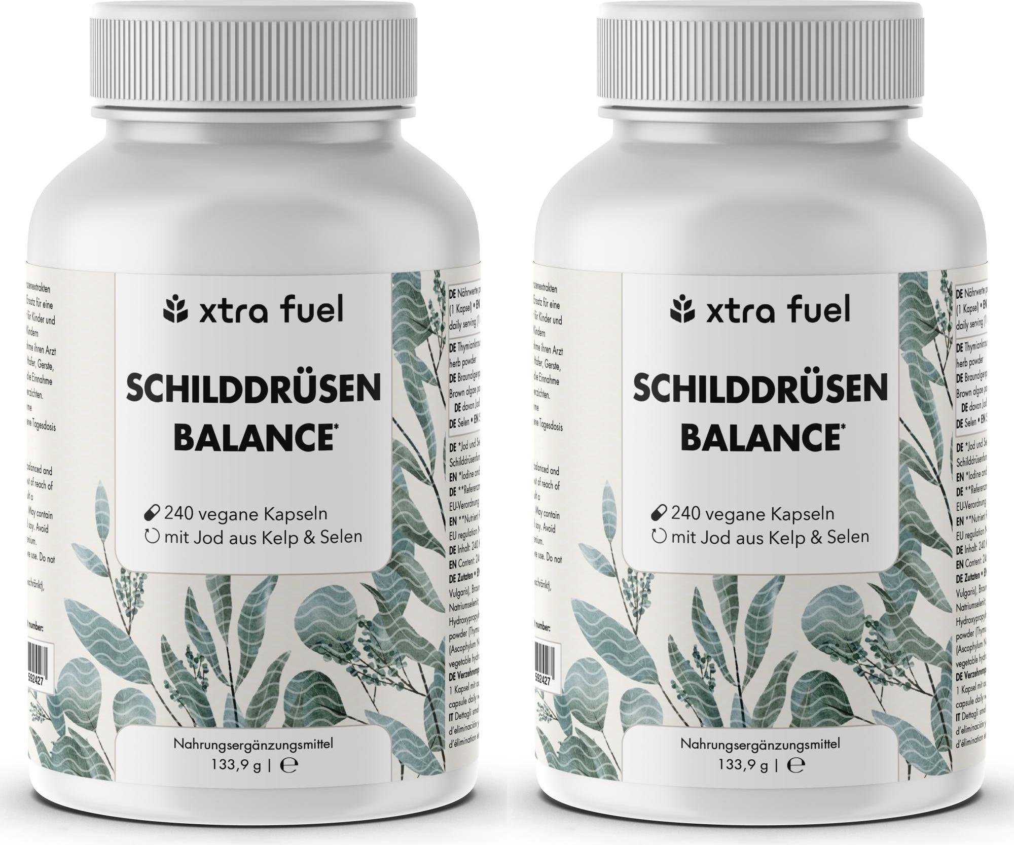 XTRA FUEL Schilddrüsen Balance - Thyro Komplex - Effektive Formel mit Kelp, Thymian & Selen – 2x Dosen (480 Schilddruesen Kapseln)