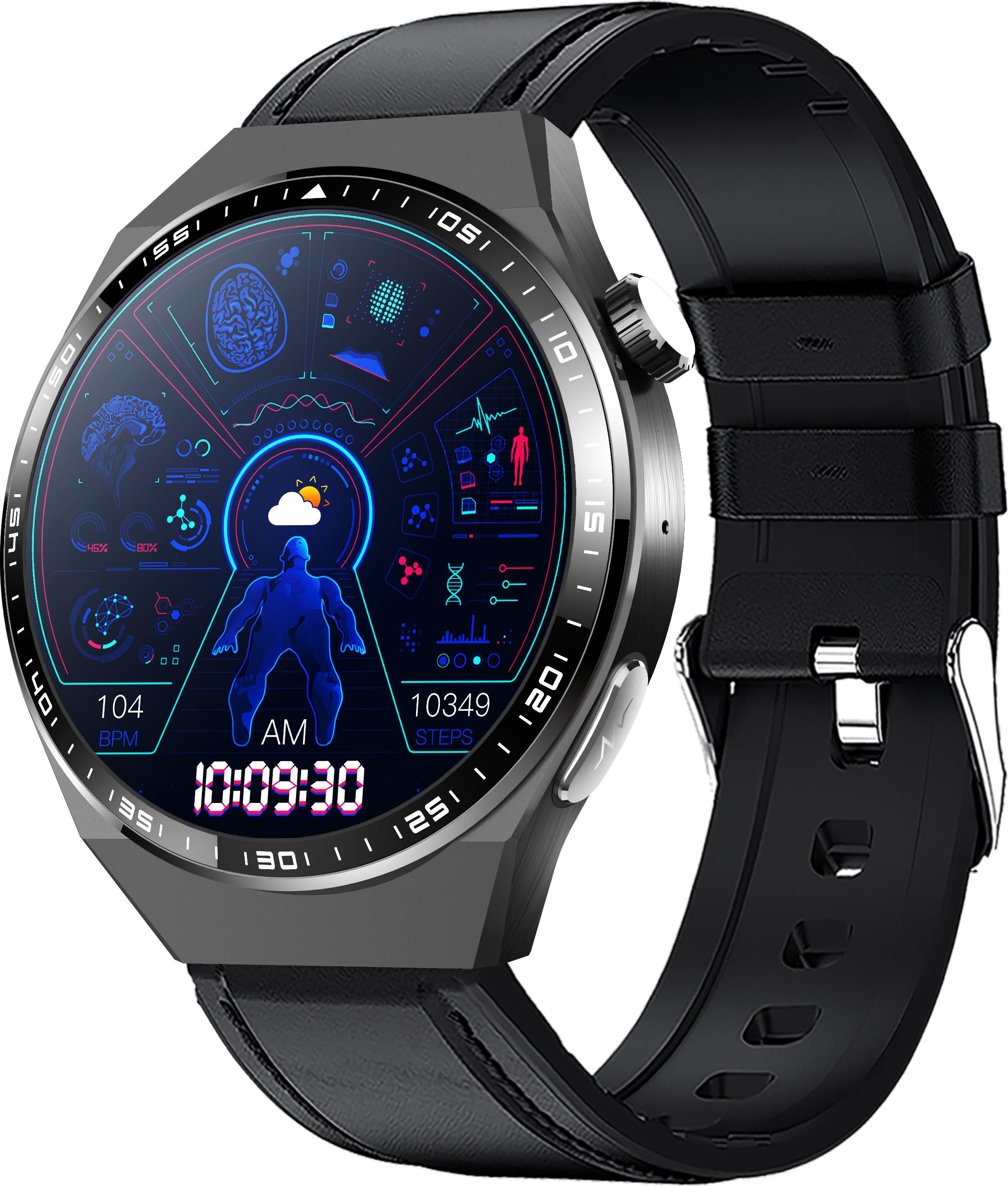 INF Smartwatch mit EKG, Körperzusammensetzungsanalyse, Blutzusammensetzungsanalyse (Harnsäure, Blutfette) Schwarzes Lederarmband 365794