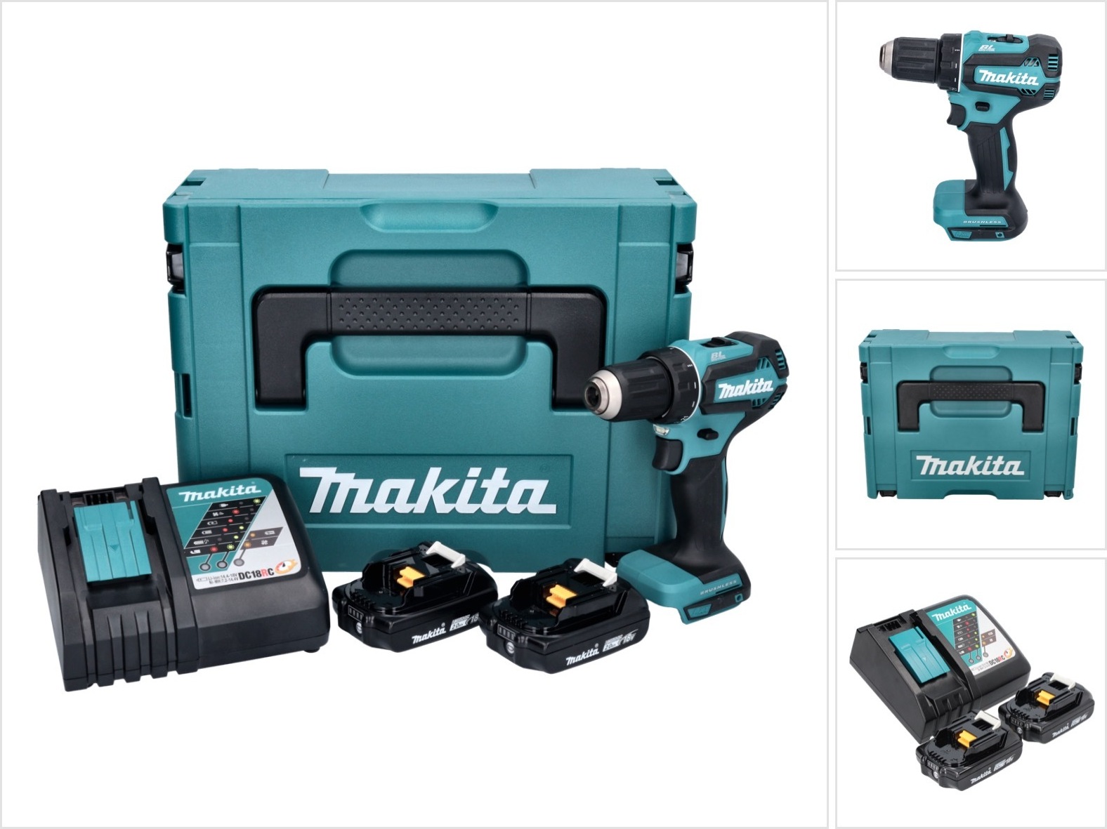 Makita DDF 485 RAJ akumulátorový vŕtací skrutkovač 18 V 50 Nm bezkartáčový + 2x batéria 2,0 Ah + nabíjačka + Makpac