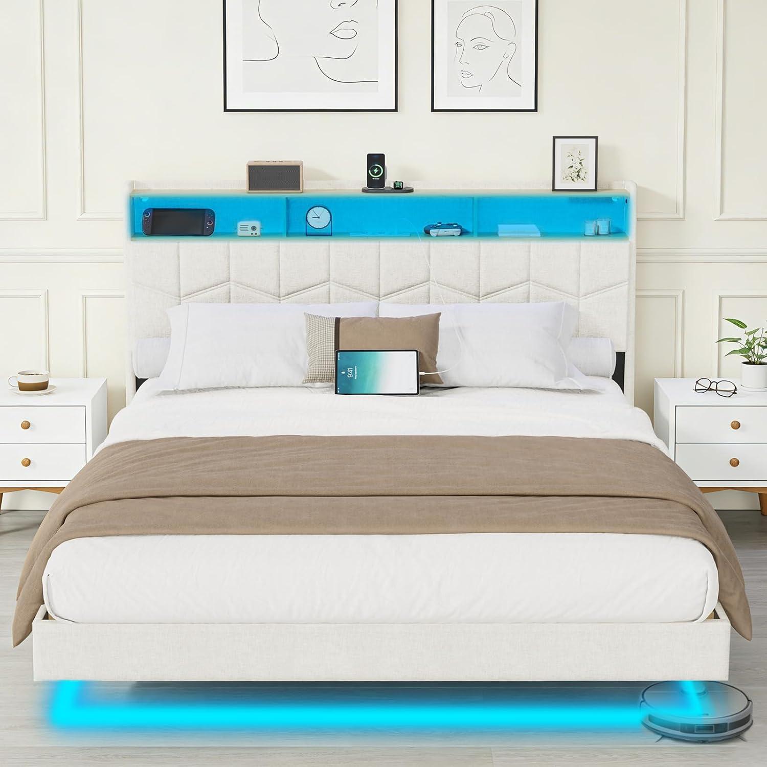 DEWINNER Bett 160 x 200 cm mit Lattenrost | Doppelbett mit gepolstertem Kopfteil | Schwebeeffekt mit LED | Steckdosenleiste und offenes Regal | CTXFC01-160-200