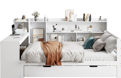 Gotagee Schlafsofa Aus Massivholz 140x200cm Weiss Ohne Matratze Mit Schreibtisch Buecherregalen Ablagefaechern und Regalen Mit Steckdosen Ausziehbarem Bett Bed-LDB00315AAK