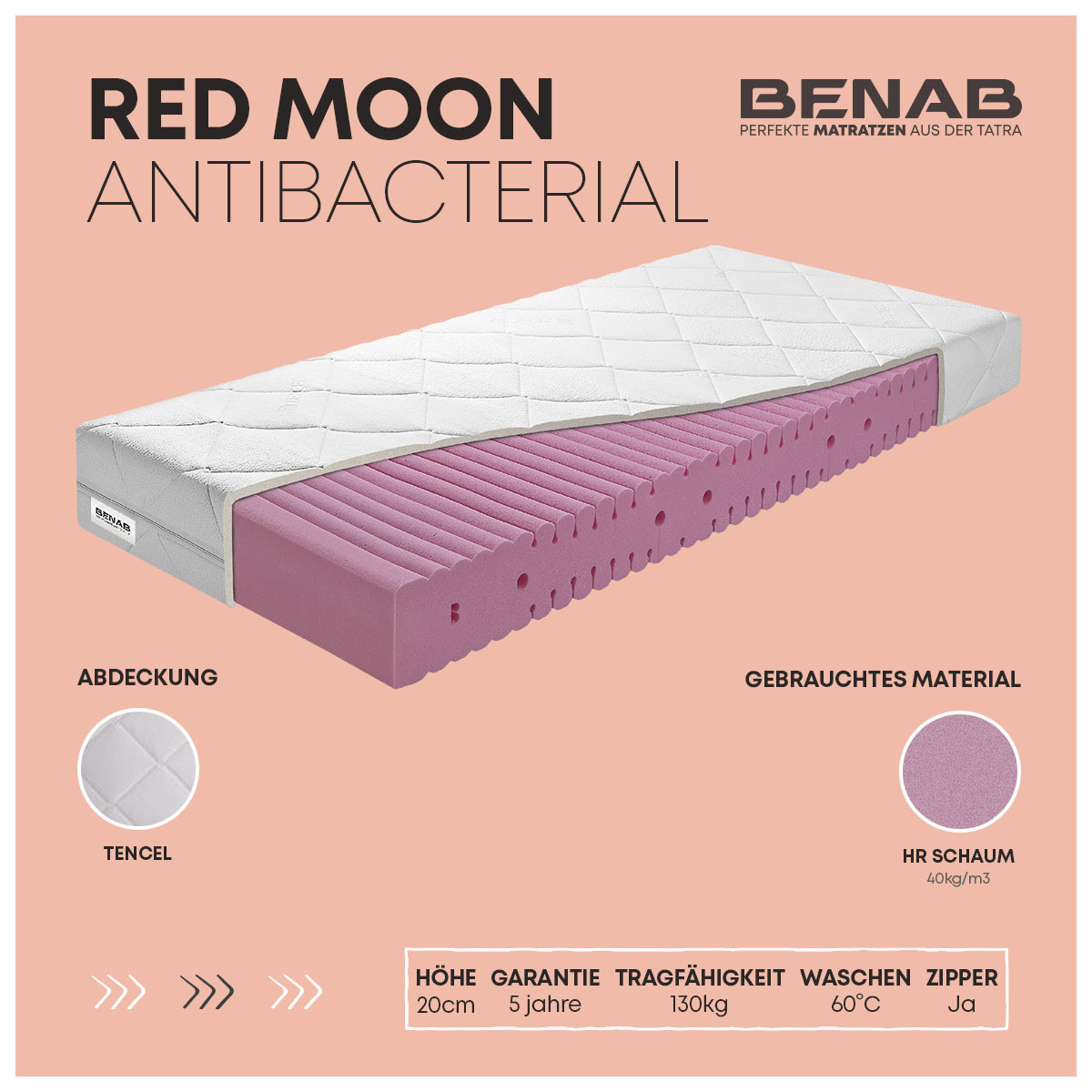Kaltschaummatratze Benab Red Moon Antibacterial Matratze 80 x 195 cm H3 hart 20 cm hohe Kaltschaummatratzen, Lyocell, HR-Schaum, 7-Zonen-Profilierung, Schulterkomfortzonen,