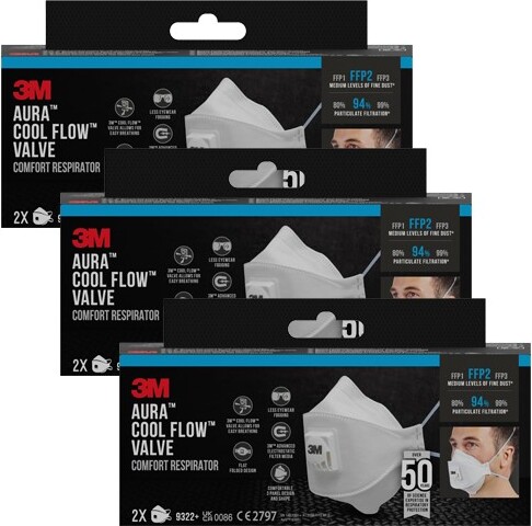 3 x 2er-Packung 3M™ Aura™ Comfort Cool Flow™ Partikelmaske 9322+ FFP2 mit Ventil
