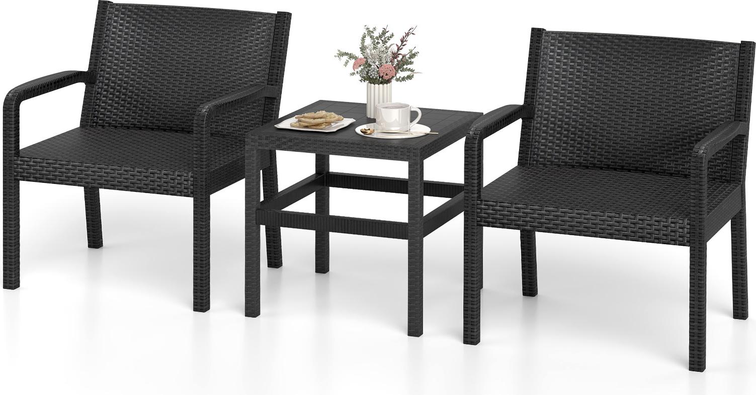 3-dielna súprava záhradného nábytku, terasový nábytok s 2 ratanovými kreslami a štvorcovým bočným stolíkom, ergonomické sedenie v modernom štýle, čierna farba