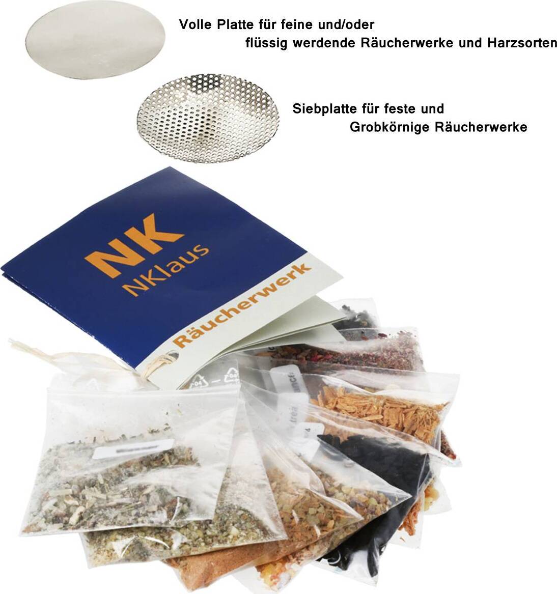 NKlaus 12tlg Set 10x Räucherwerk 1x Räuchersiebe 1x Plättchen Ø5cm Silber Räucherubehör