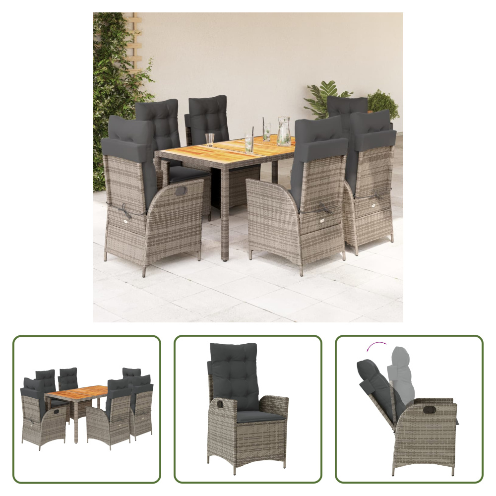 The Living Store 7-dielny záhradný jedálenský set s vankúšmi sivý polyratan