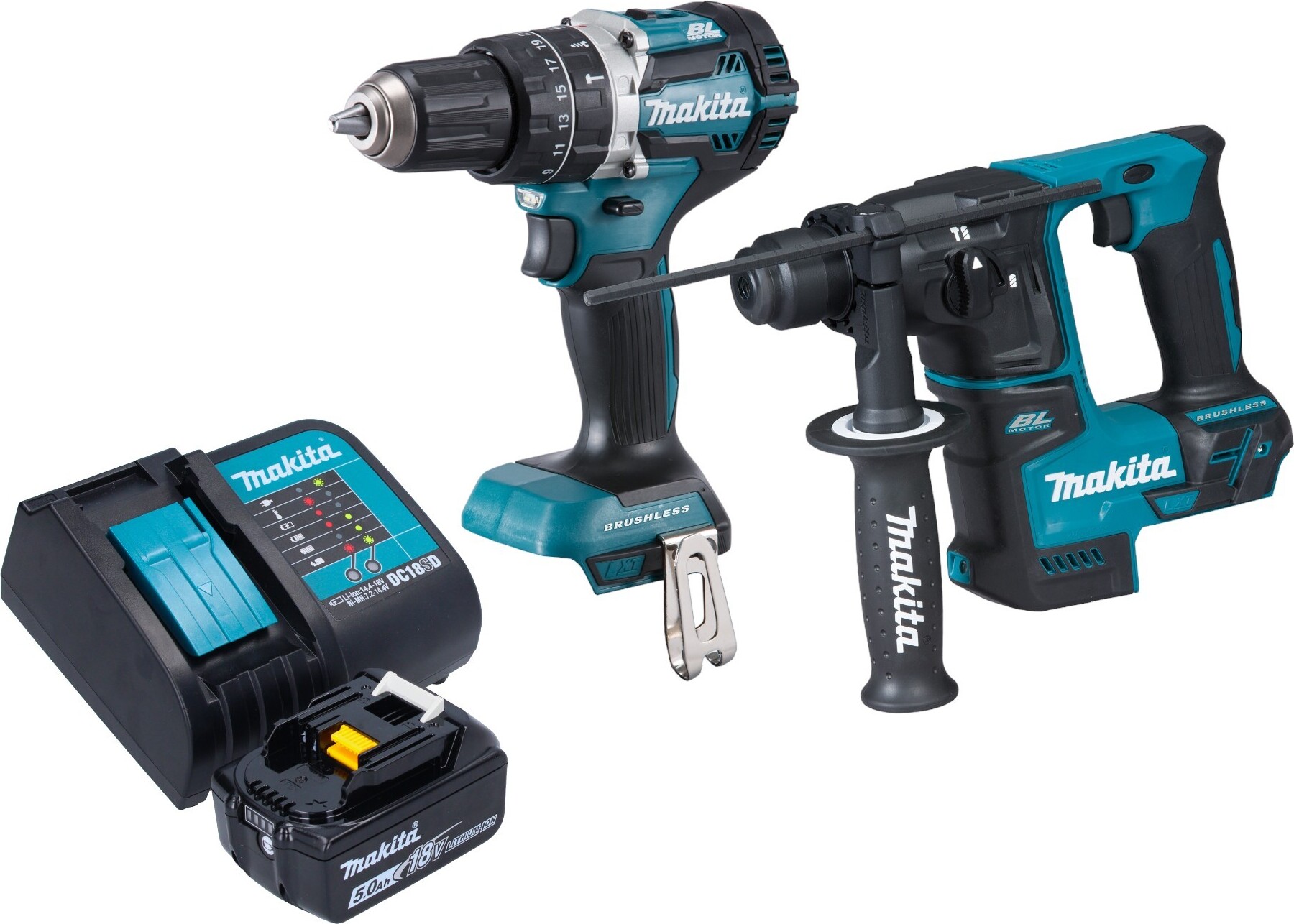 Akumulátorová kombinovaná súprava Makita DLX 2278 ST1 + príklepová vŕtačka DHP 484 54 Nm + vŕtacie kladivo DHR 171 1,2 J + 1x akumulátor 5,0 Ah + nabíjačka
