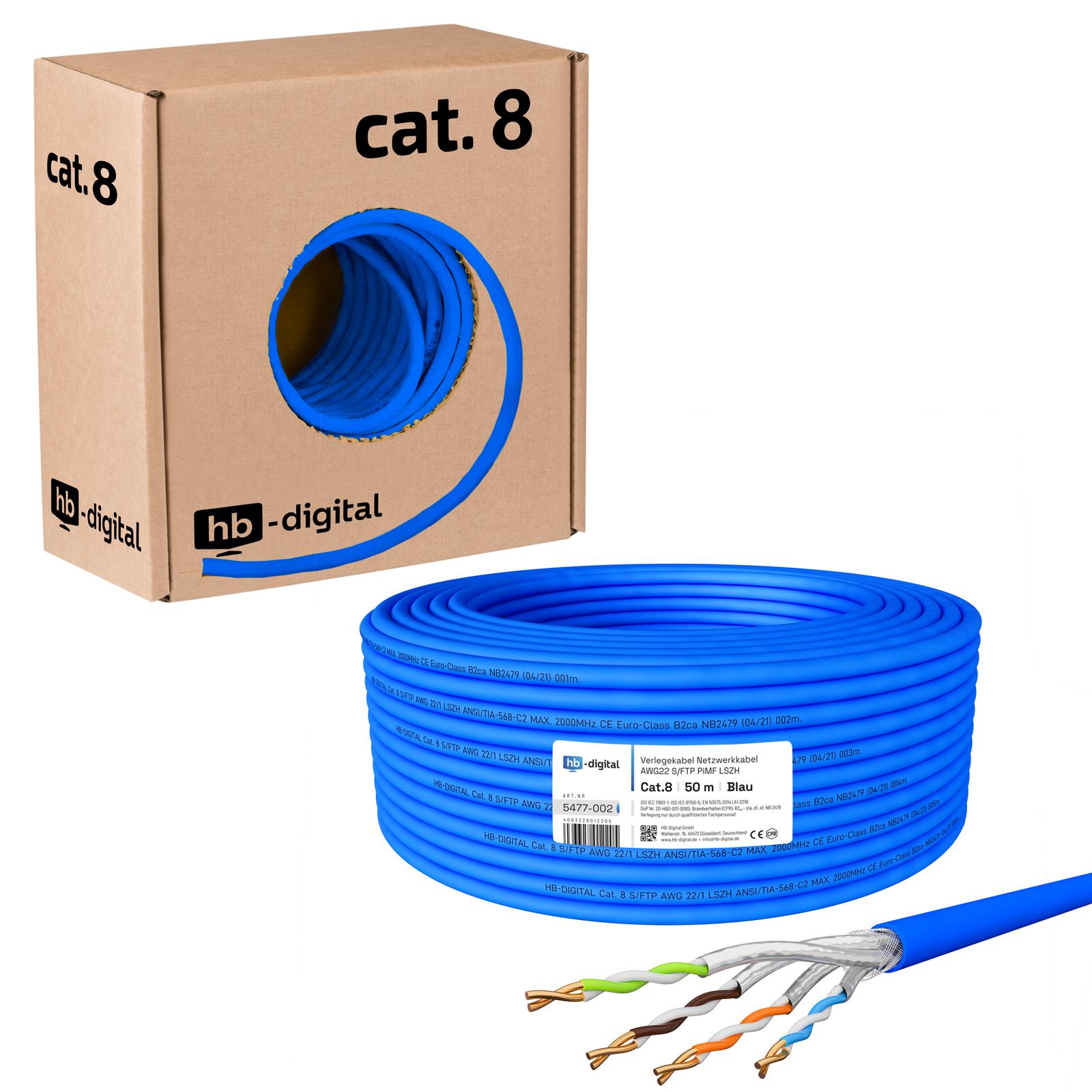 hb-digital Verlegekabel,Netzwerkkabel CAT.8 Blau 50m