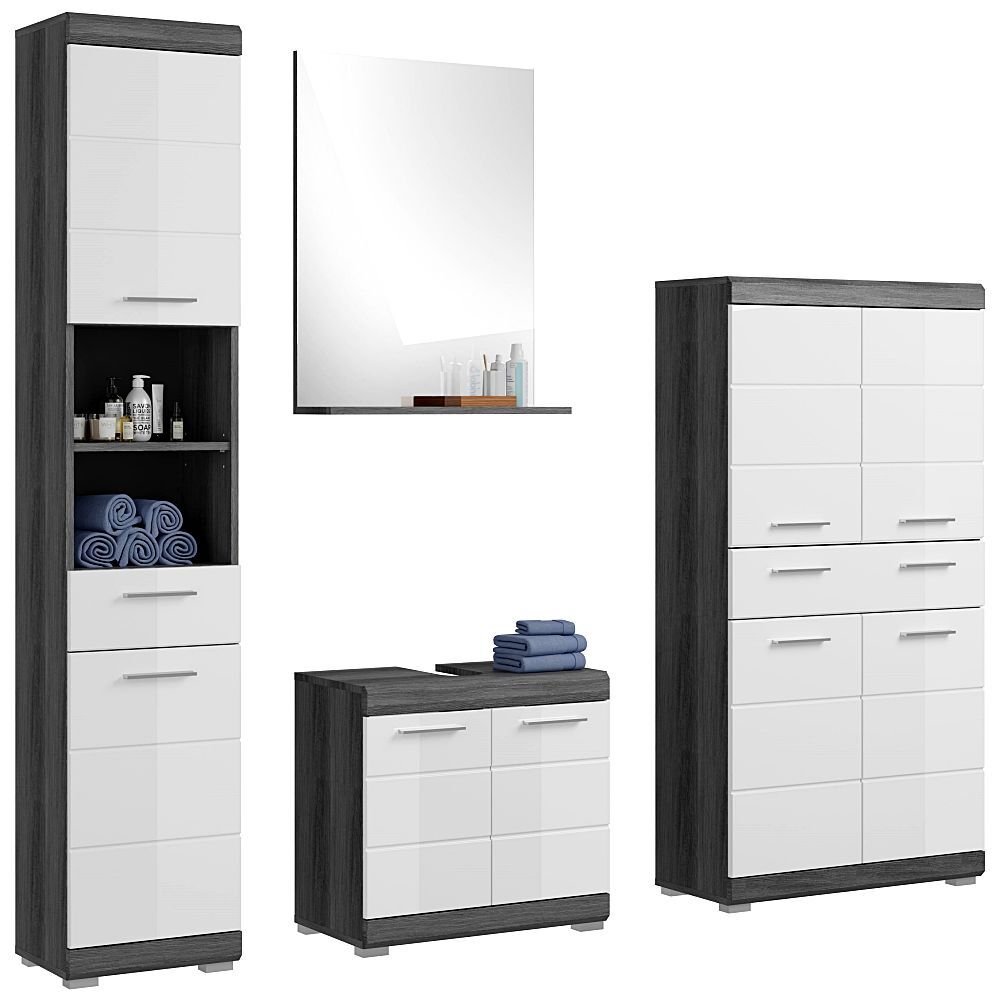 Lomadox Badezimmermöbel Set 4-teilig modern in Hochglanz weiß mit grau SIROCO-158 LA158-SIROCO-158-SET23