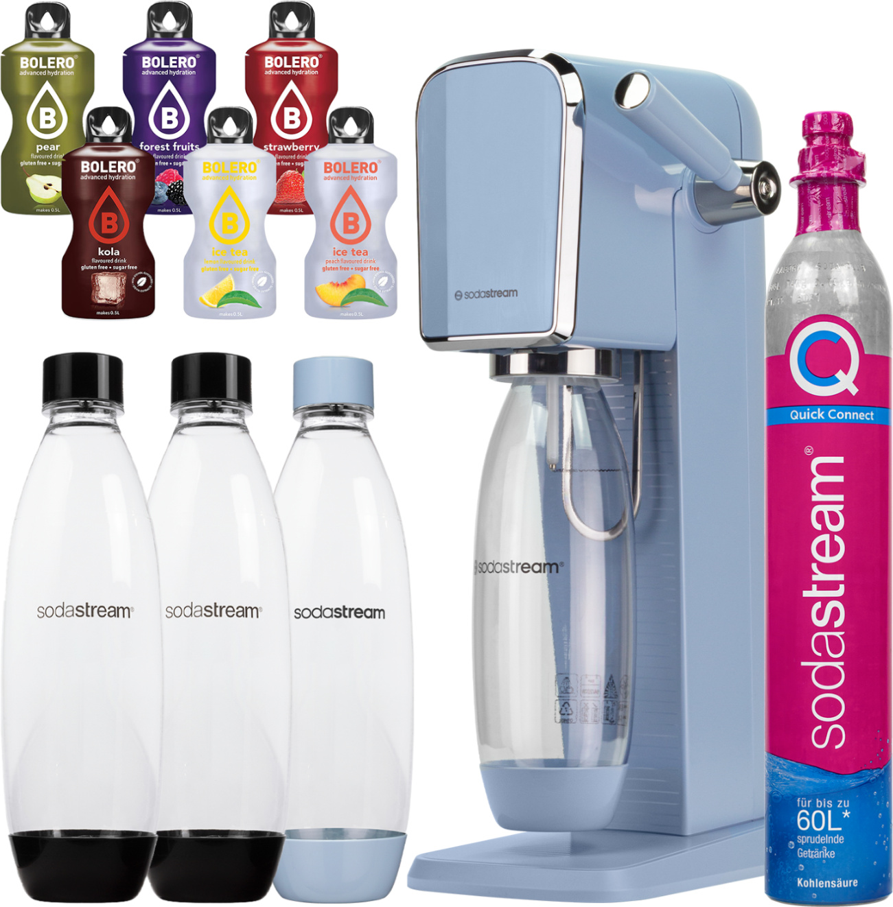 Výrobník perlivej vody Sodastream Art Blue Sada nápojov s 3 fľašami s CO2 kartušou