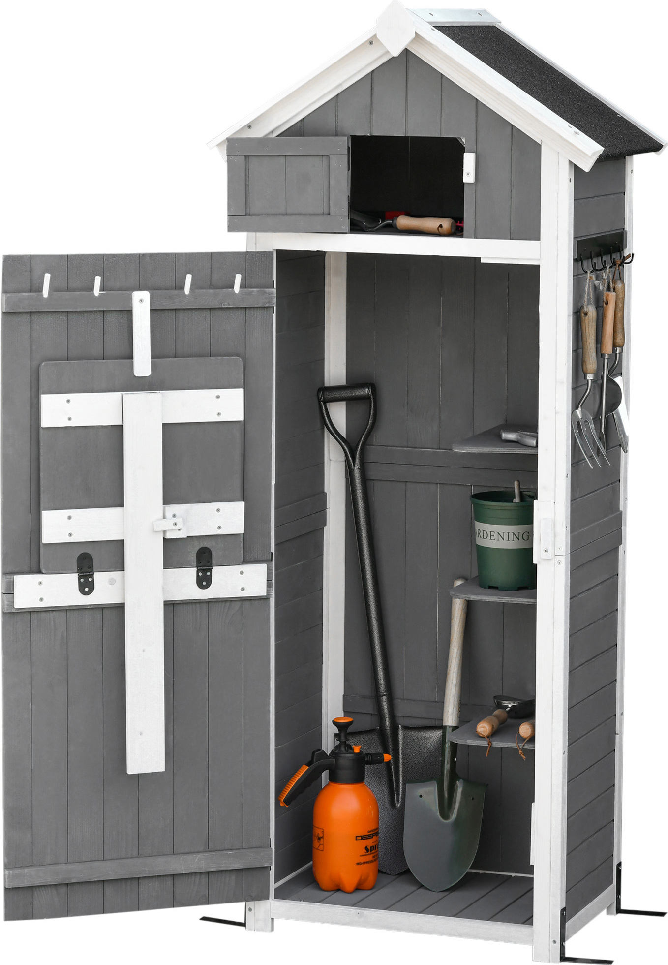 Outsunny prístrešok na náradie s dverami prístrešok na náradie s motykami záhradná skladacia skriňa skladací stôl vonkajší sivý jedľový 78 x 52,5 x 182 cm