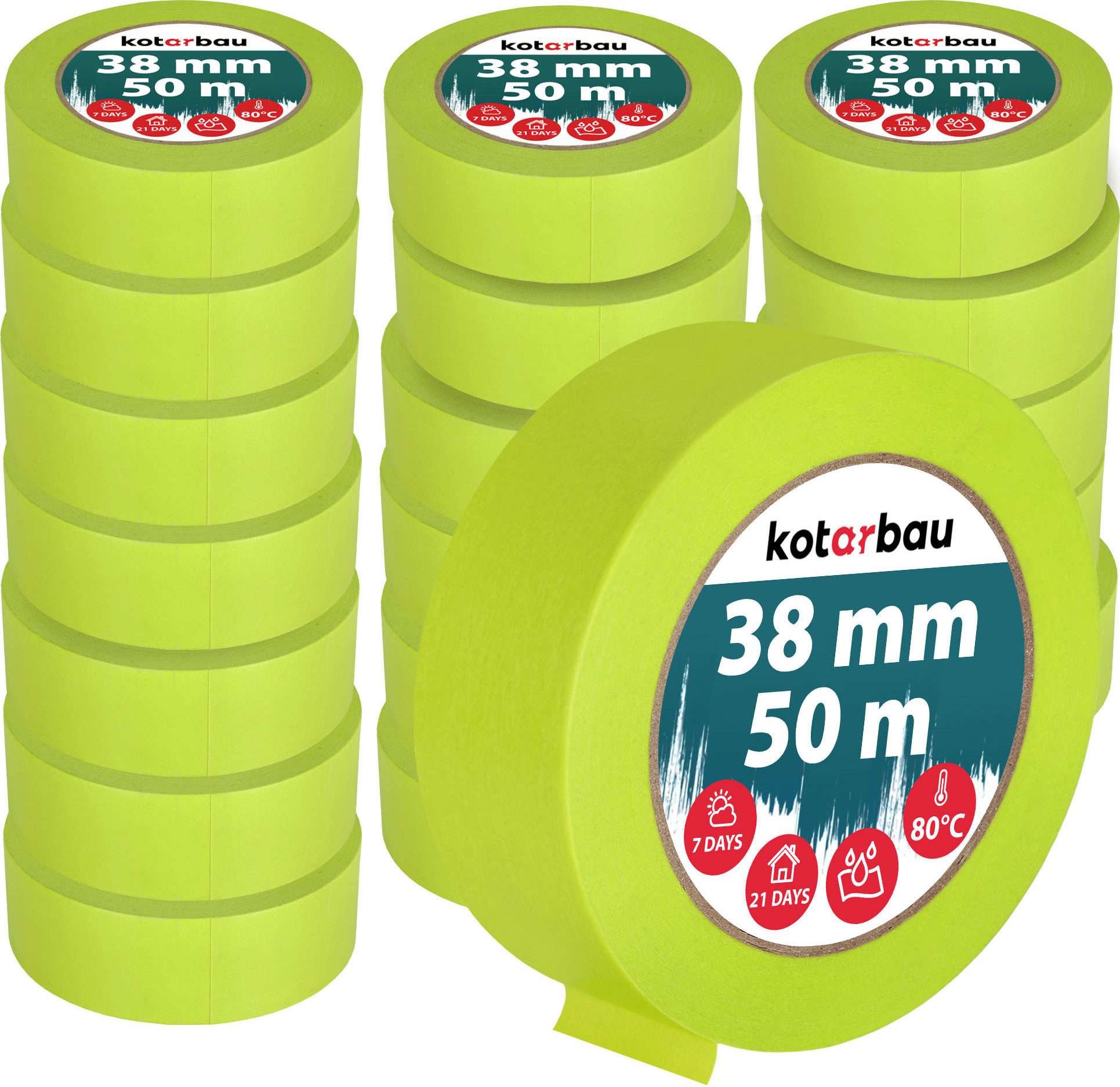 KOTARBAU® 24er Set Neon Malerkrepp 50 m Kreppband 38mm Malerband Abklebeband Maler Klebeband Maler Zubehör Fluoreszierendes Grün Kreppapier Malerbedarf
