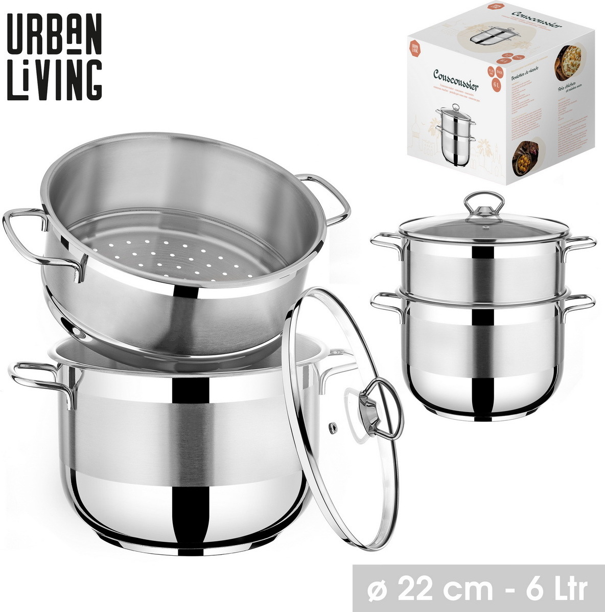 Urban Living 6 Liter Couscous-Topf Ø 22 cm Edelstahl Kochtopf 31320
