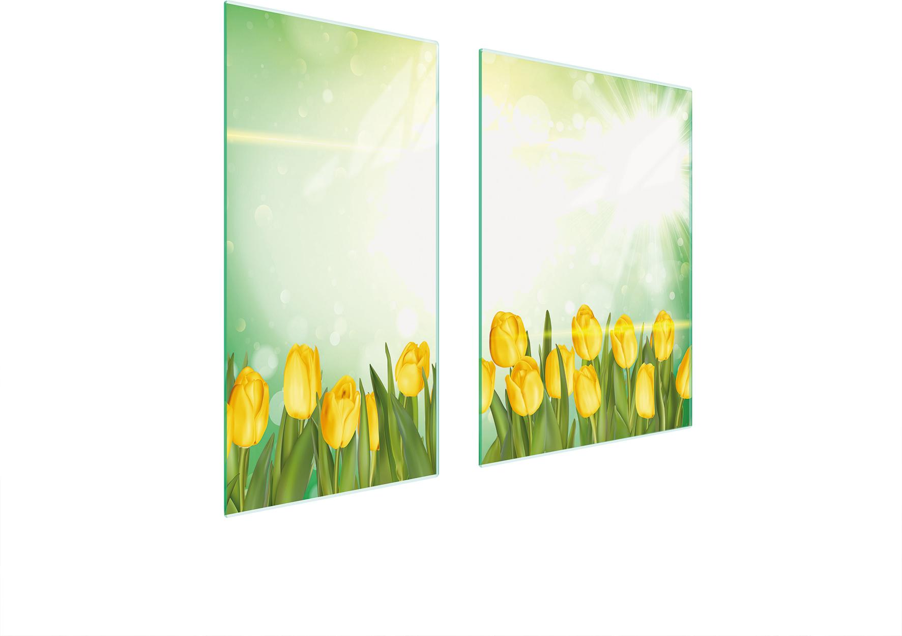 TMK ArtDeko Herdabdeckplatten 2 teilig 75x52 Glaskeramikfeld Abdeckung Glas Schneidebrett Tulpen Gelb
