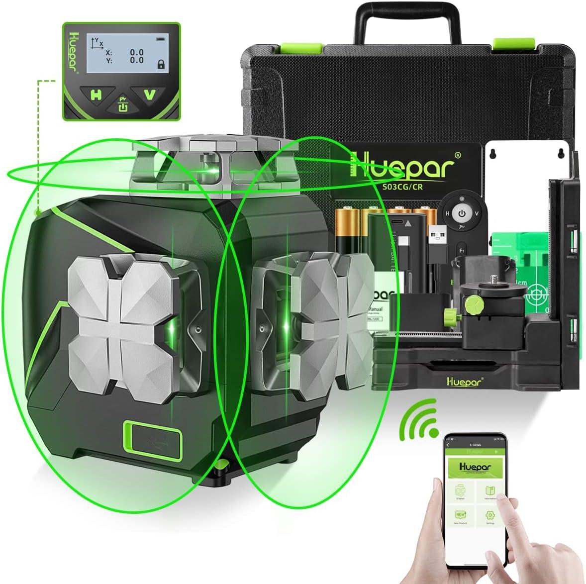 Huepar S03CG 3D Kreuzlinienlaser 3x360 Grad Grün, LCD-Display, Bluetooth, Koffer