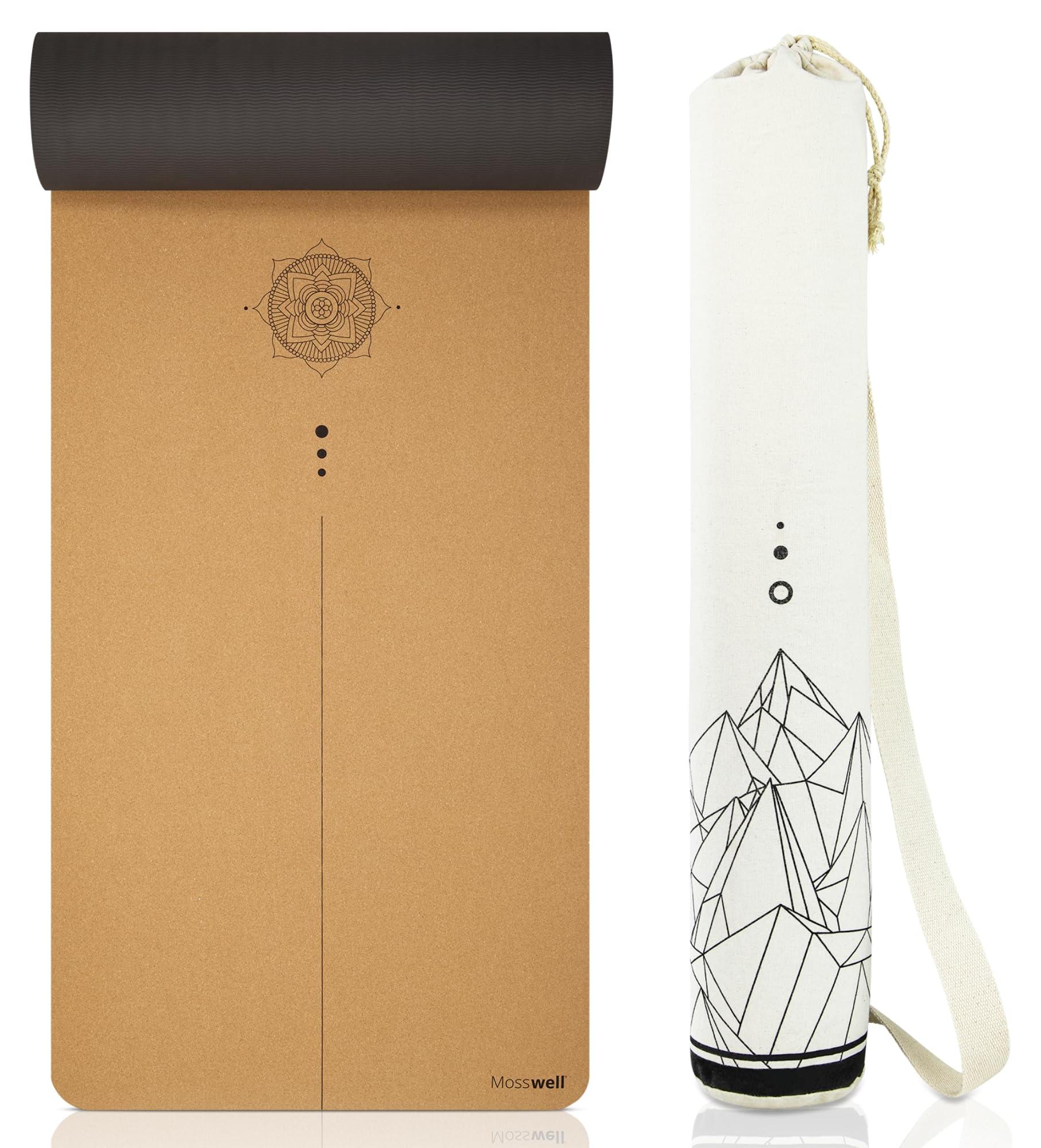 Mosswell Kork-Yogamatte 183 x 61 x 0,4 cm mit Hilfslinien inkl. Baumwolltasche