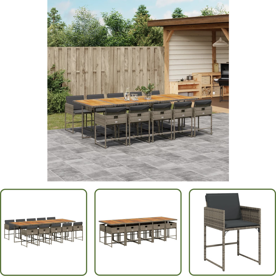 The Living Store 11-dielny záhradný jedálenský set s vankúšmi sivý polyratan